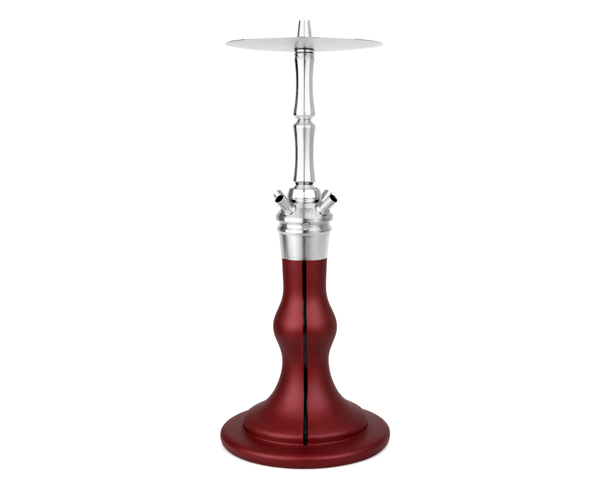 AEON Edition 6 Premium Plus shisha, full view of the red glass base and silver stem
