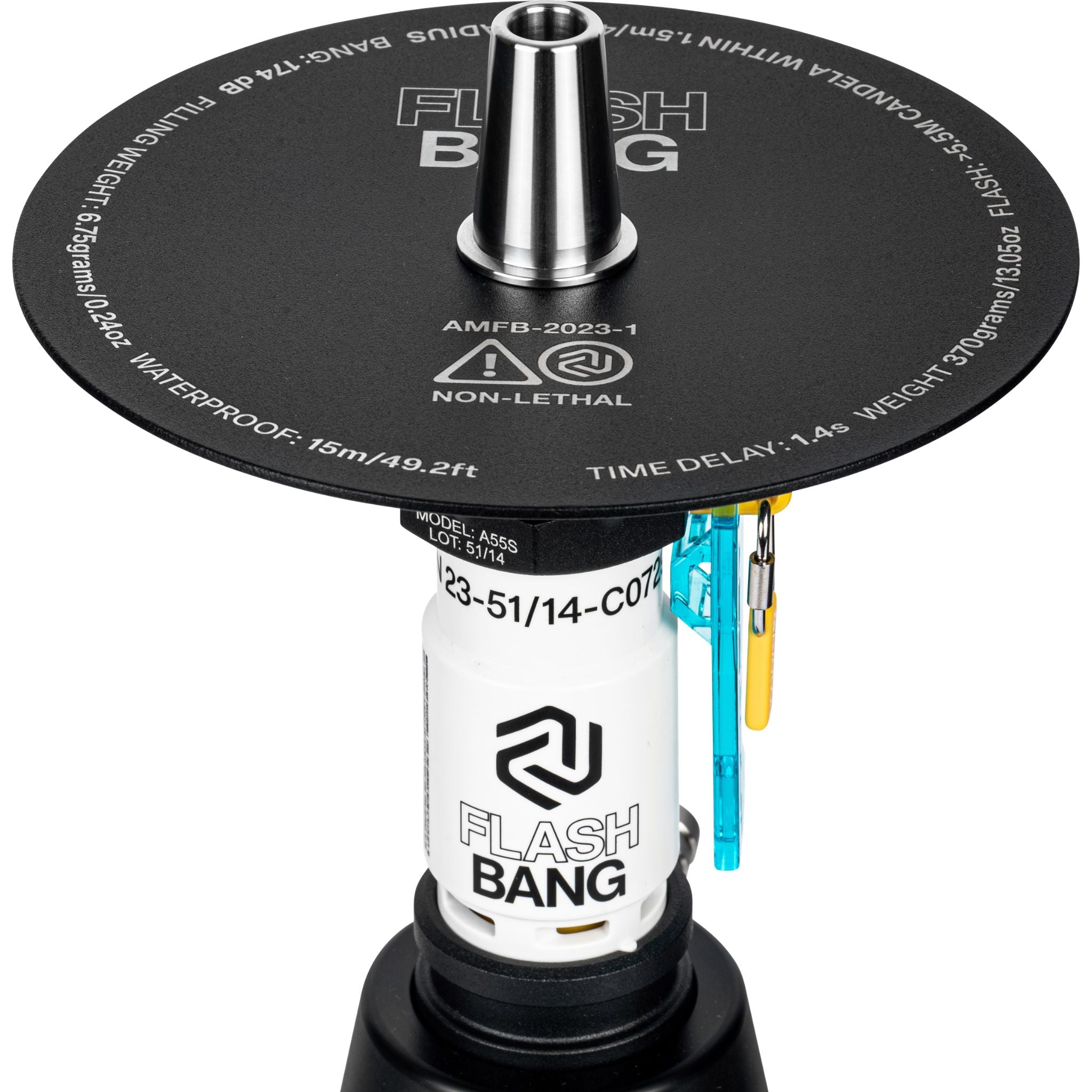 Top view of the Amotion Flash Bang Arctic shisha charcoal plate showing Flash Bang branding and printed spec markings