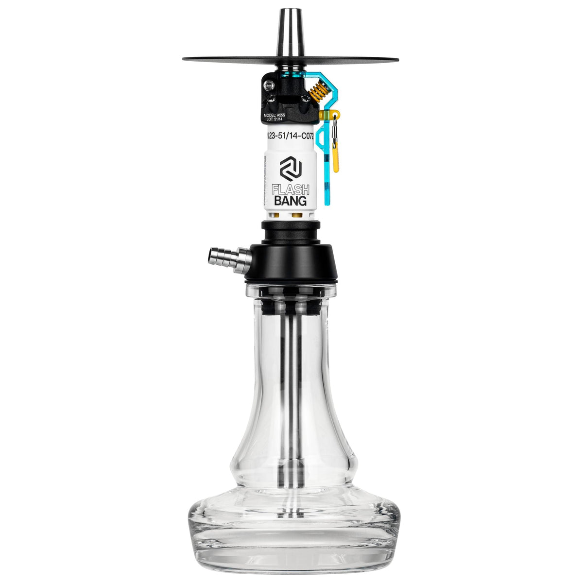 Amotion Flash Bang shisha Arctic front view with white-blue sleeve, clear 45mm plug-in glass base and black charcoal plate, image 2 of 6