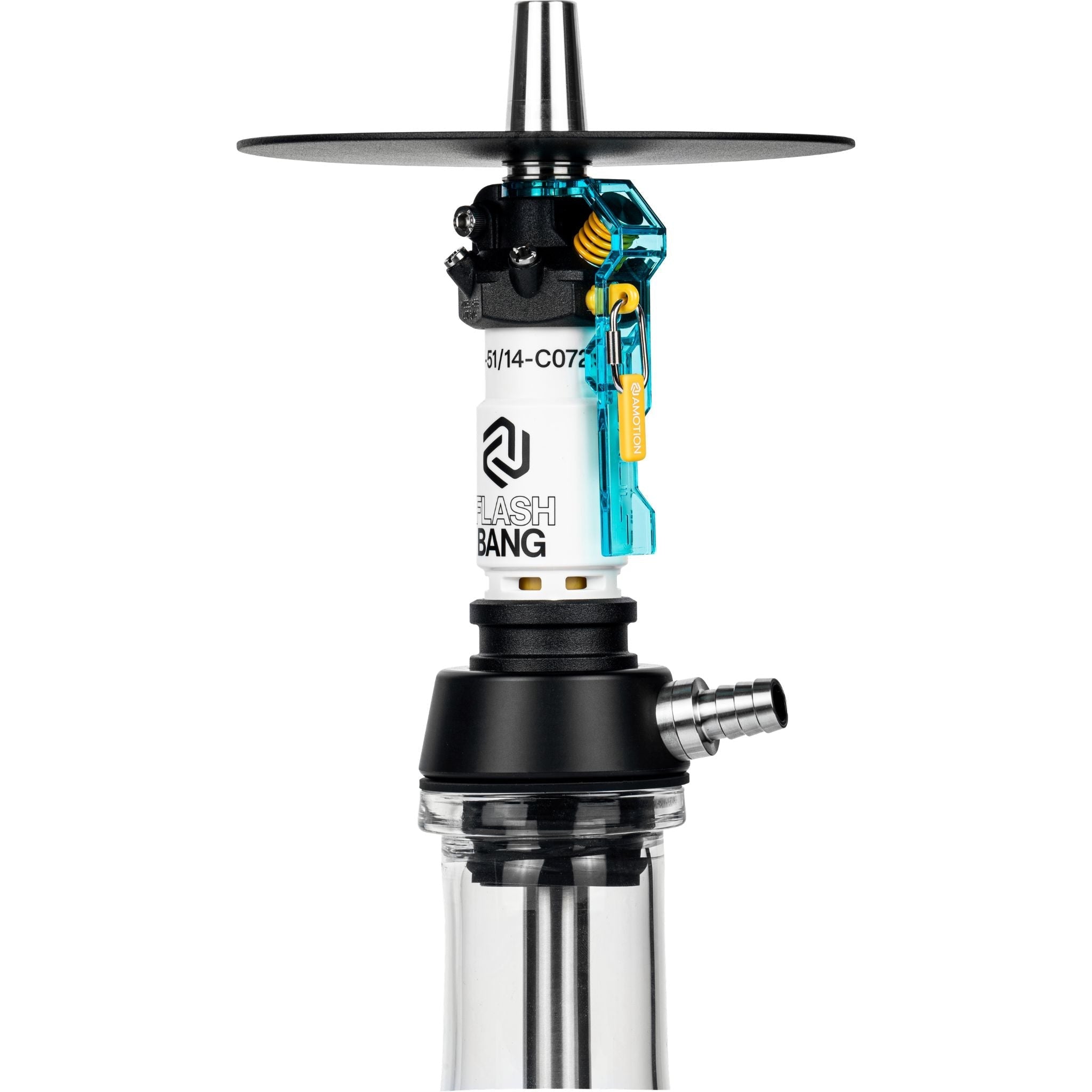 Side detail of the Amotion Flash Bang Arctic shisha central column with Flash Bang logo and stainless steel hose connection