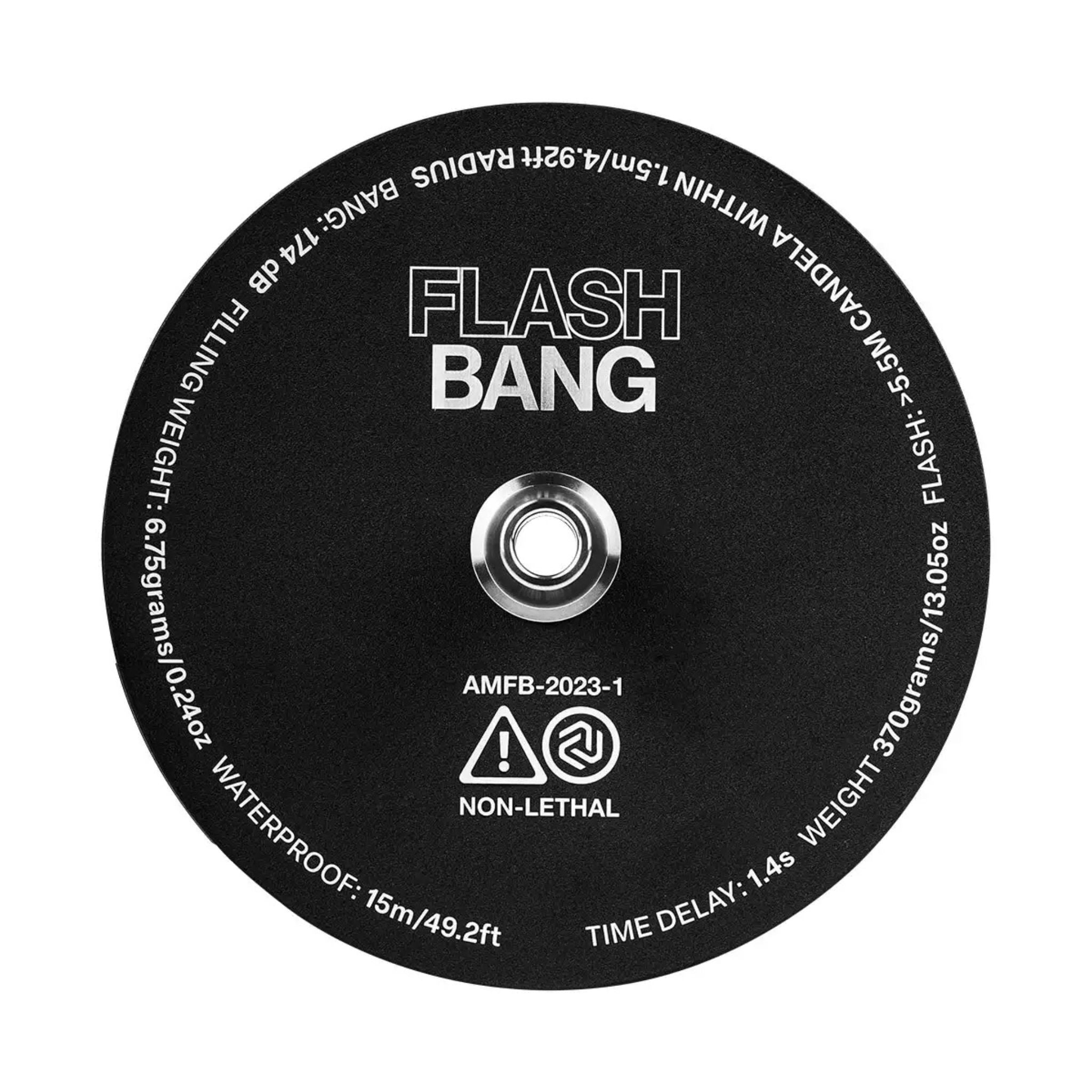 Amotion Flash Bang Azure charcoal plate top — black stainless plate printed with Flash Bang branding and grenade-style specs