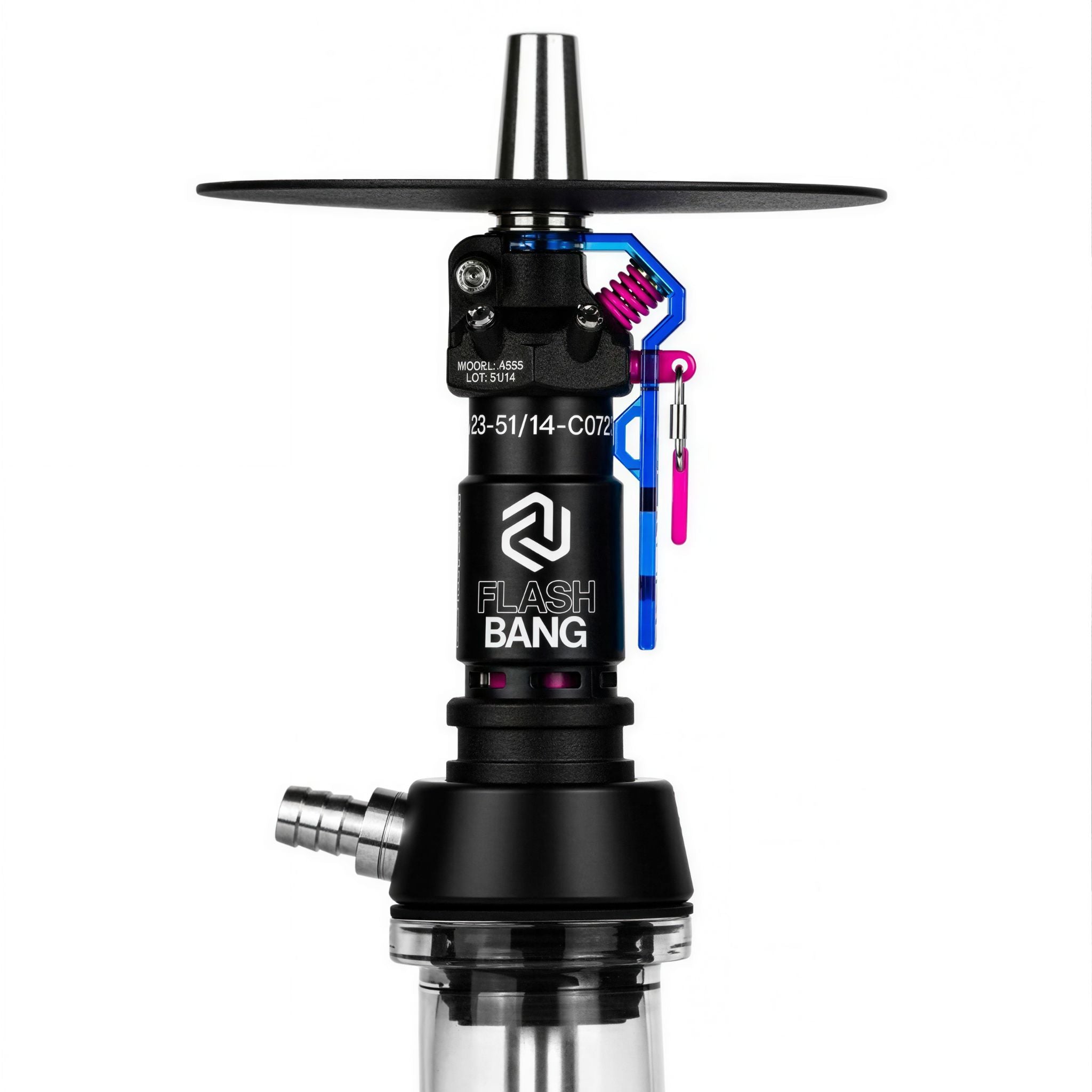 Amotion Flash Bang Azure side view showing stainless hose port and Flash Bang branding next to the electric-blue lever lock