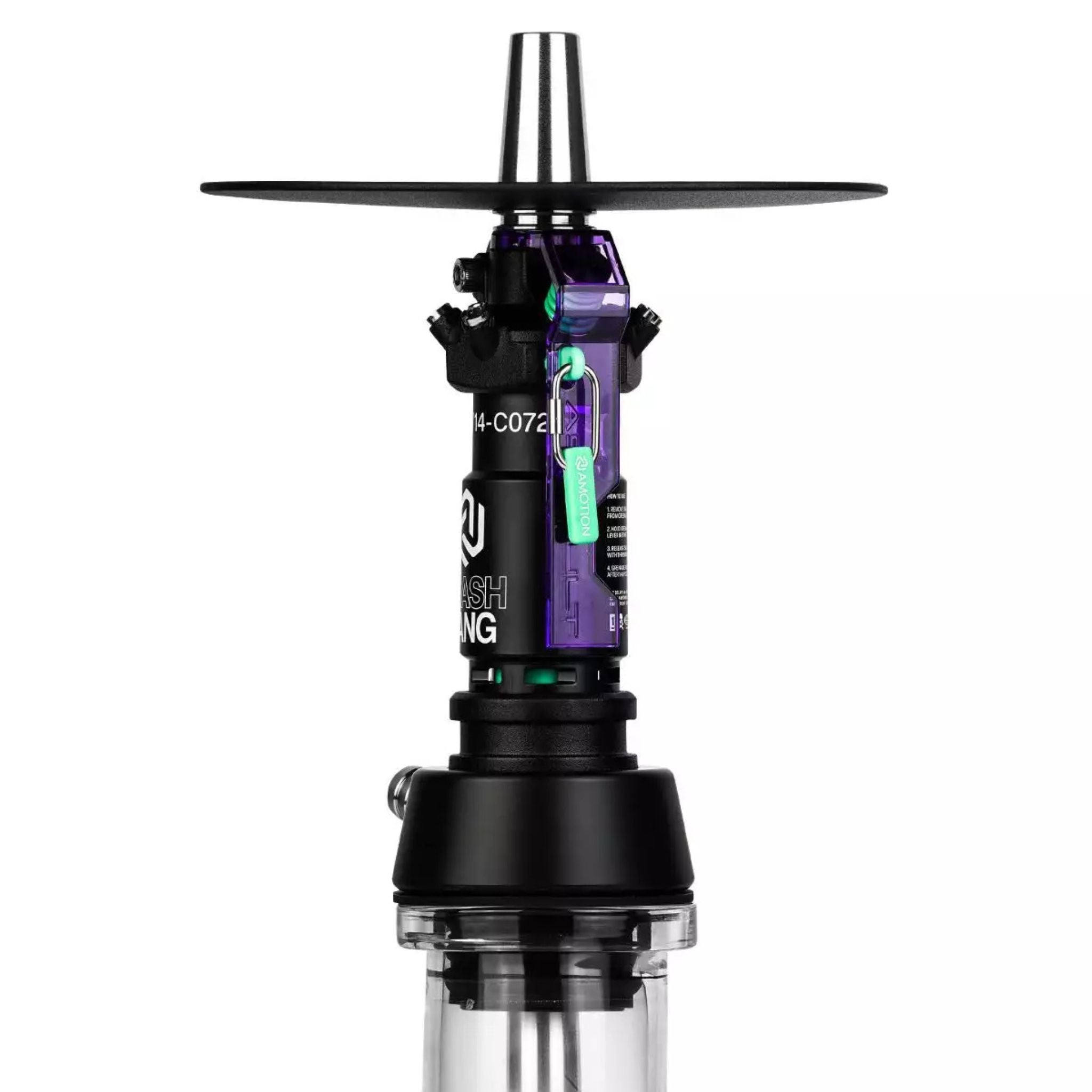 Amotion Flash Bang Grape column close-up — wine-dark purple translucent safety lever with pull tag and printed how-to-use instructions