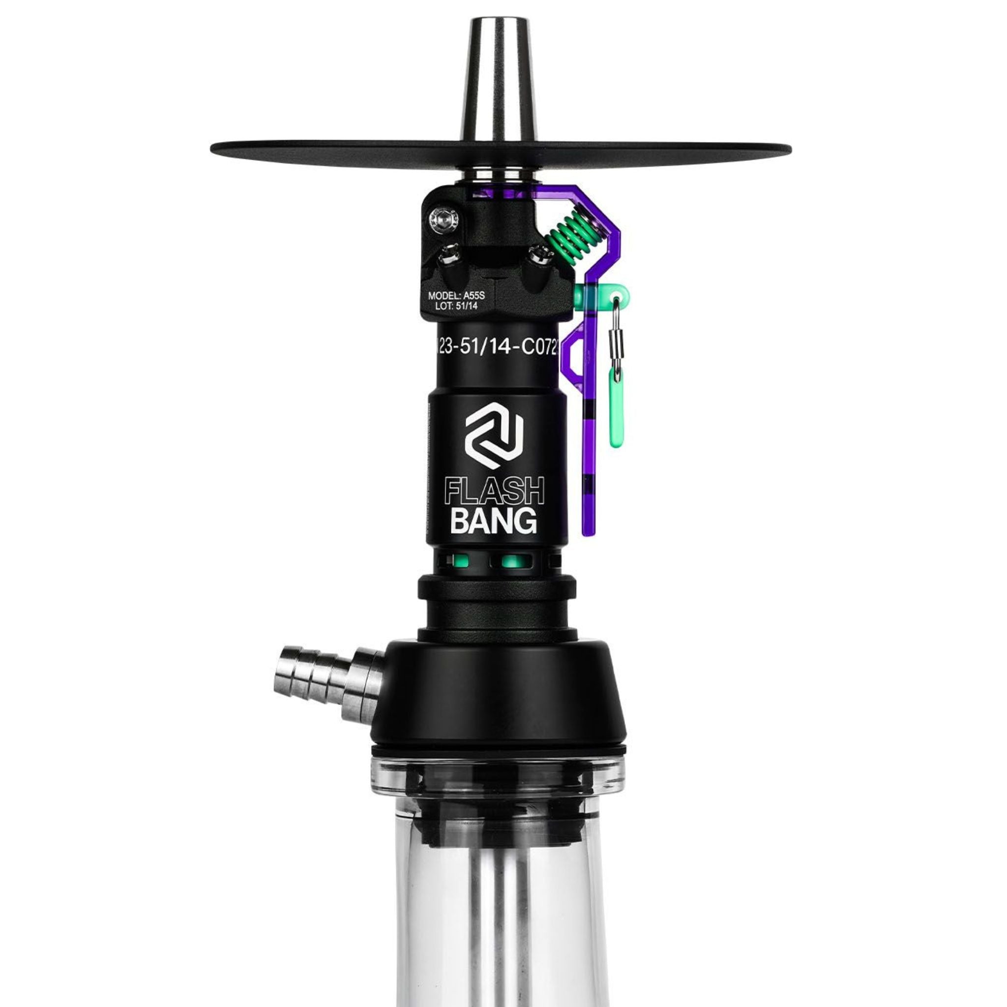 Amotion Flash Bang Grape side view showing stainless hose port and Flash Bang branding on the dark sleeve with purple lever lock