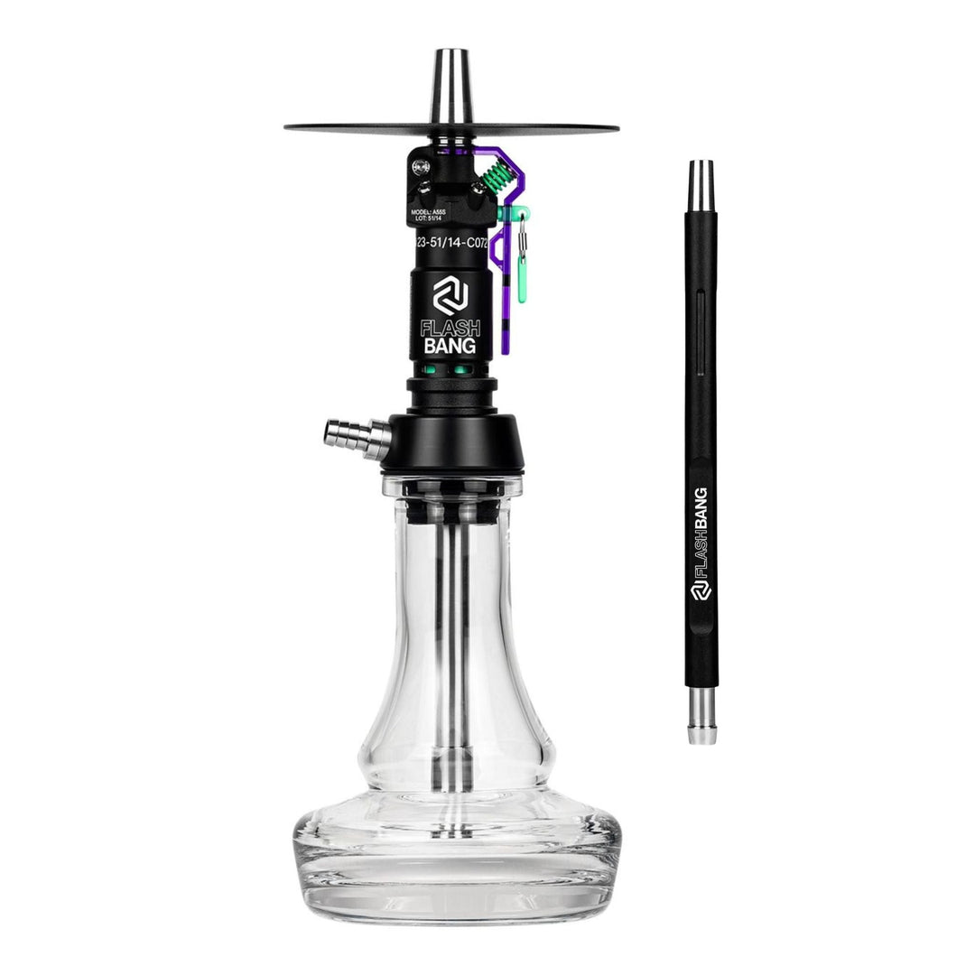 Amotion Flash Bang Grape shisha with included mouthpiece, wine-dark purple safety lever lock and plug-in glass base