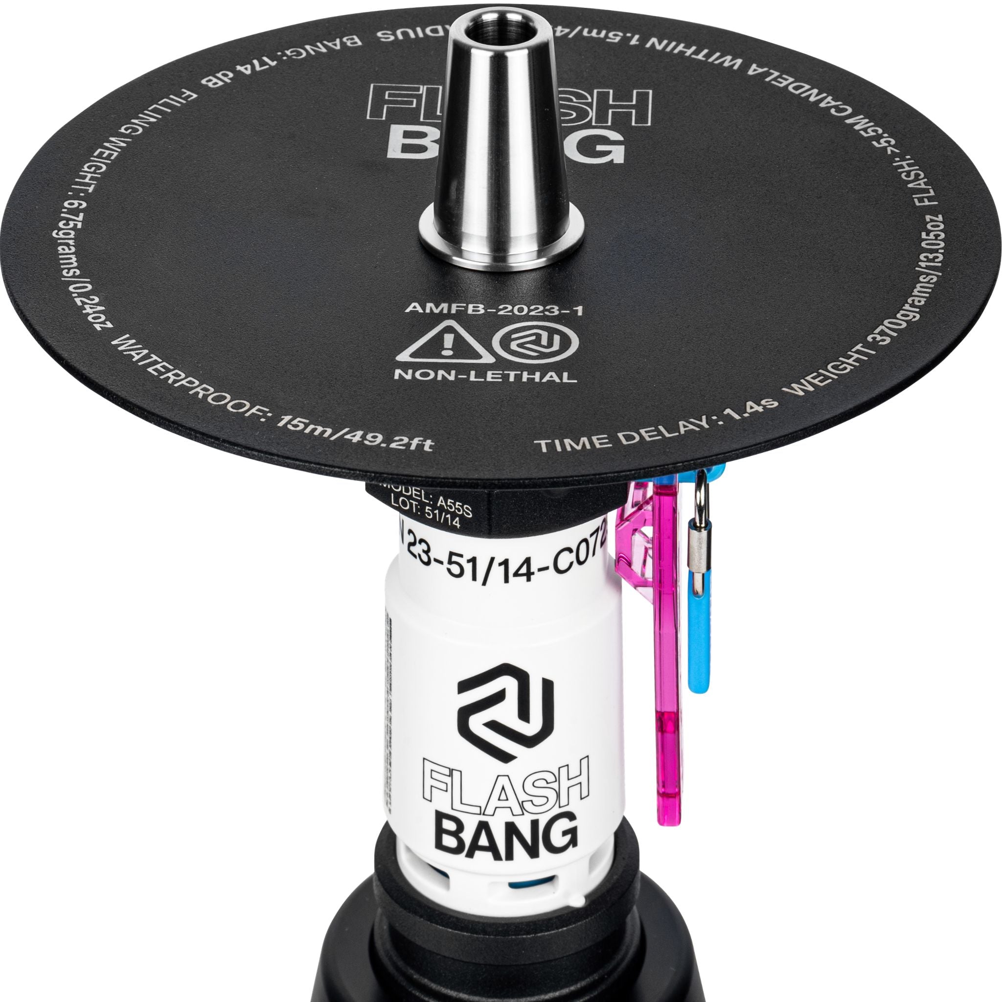 Top view of Amotion Flash Bang Orchid shisha black charcoal plate showing Flash Bang branding and printed spec markings