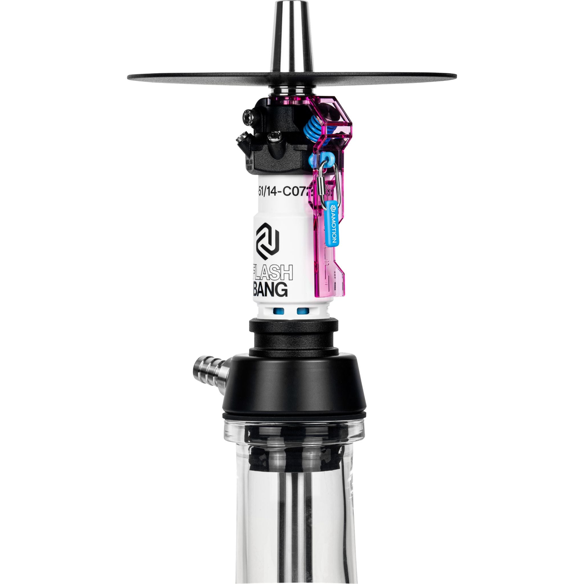 Amotion Flash Bang Orchid shisha column close-up showing grenade-style How To Use instructions and stainless steel hose port