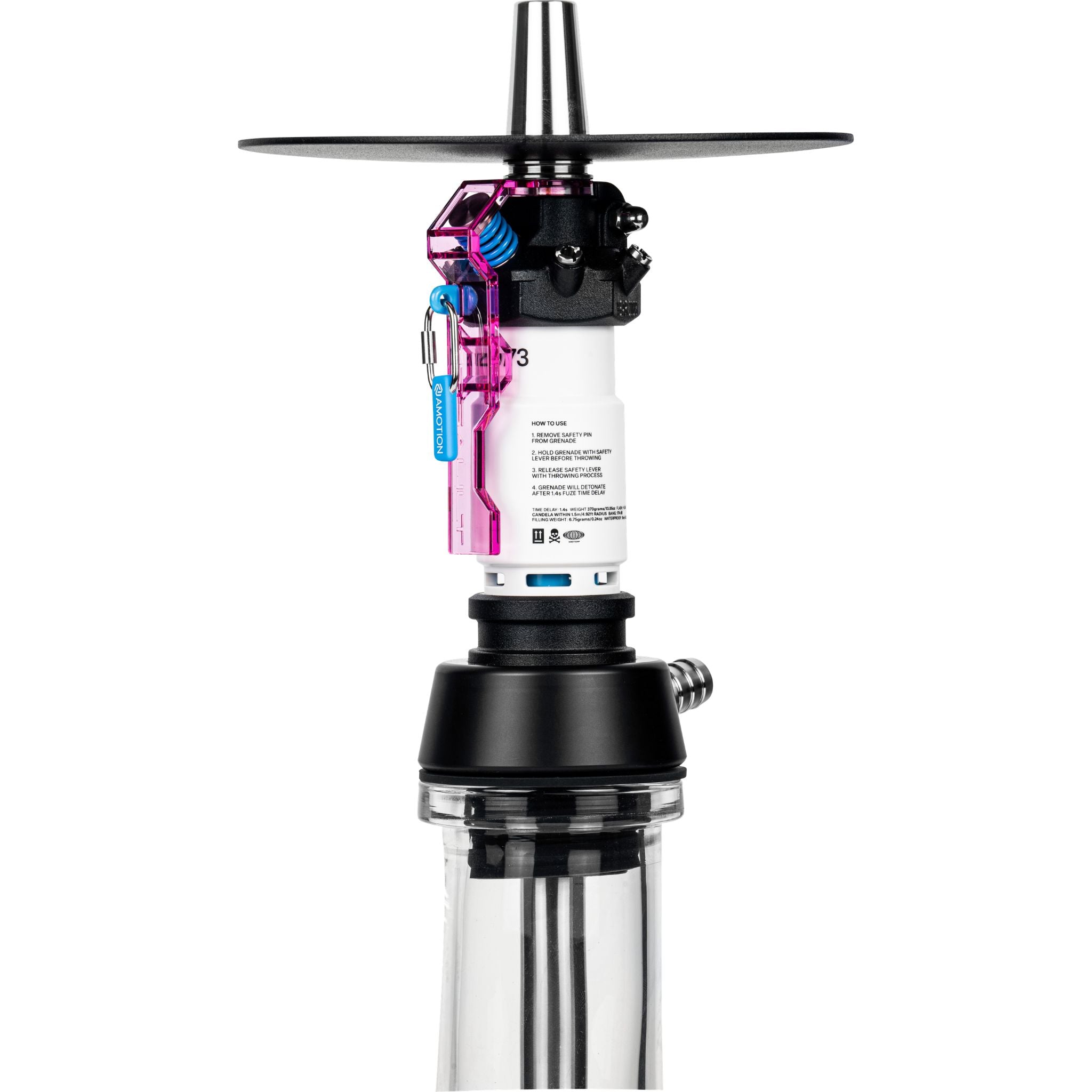 Side detail of Amotion Flash Bang Orchid shisha central column with Flash Bang logo and stainless steel hose connection