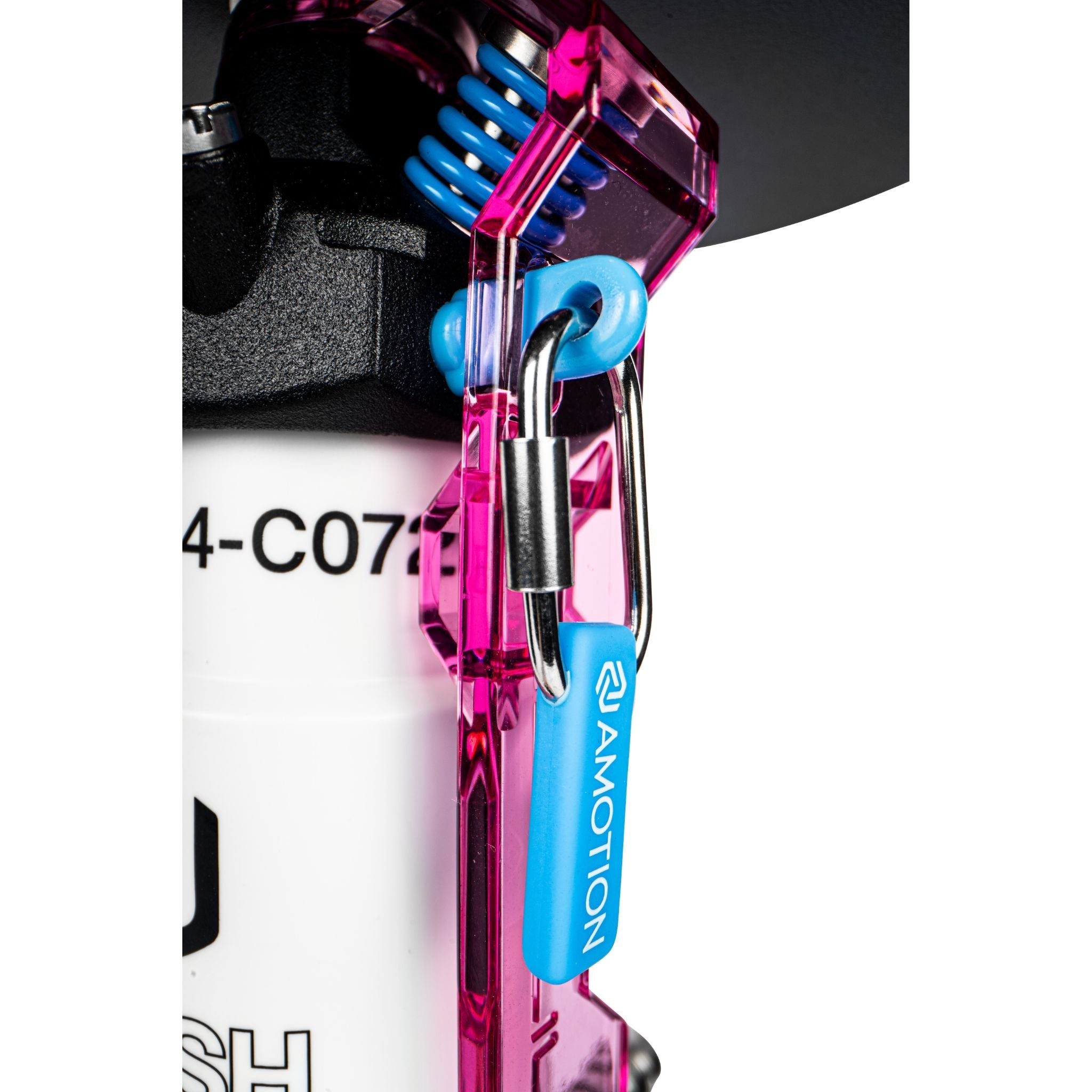Close-up of Amotion Flash Bang Orchid shisha translucent pink-purple safety lever lock with blue Amotion pull tag