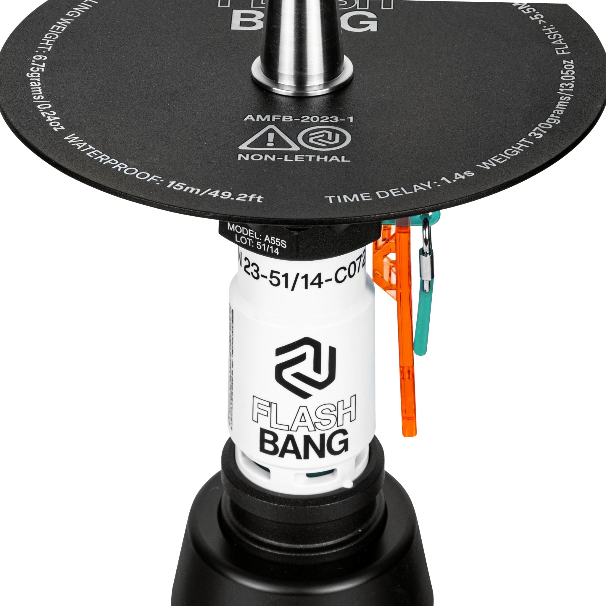 Top view of Amotion Flash Bang Pumpkin shisha black charcoal plate showing Flash Bang branding and printed spec markings