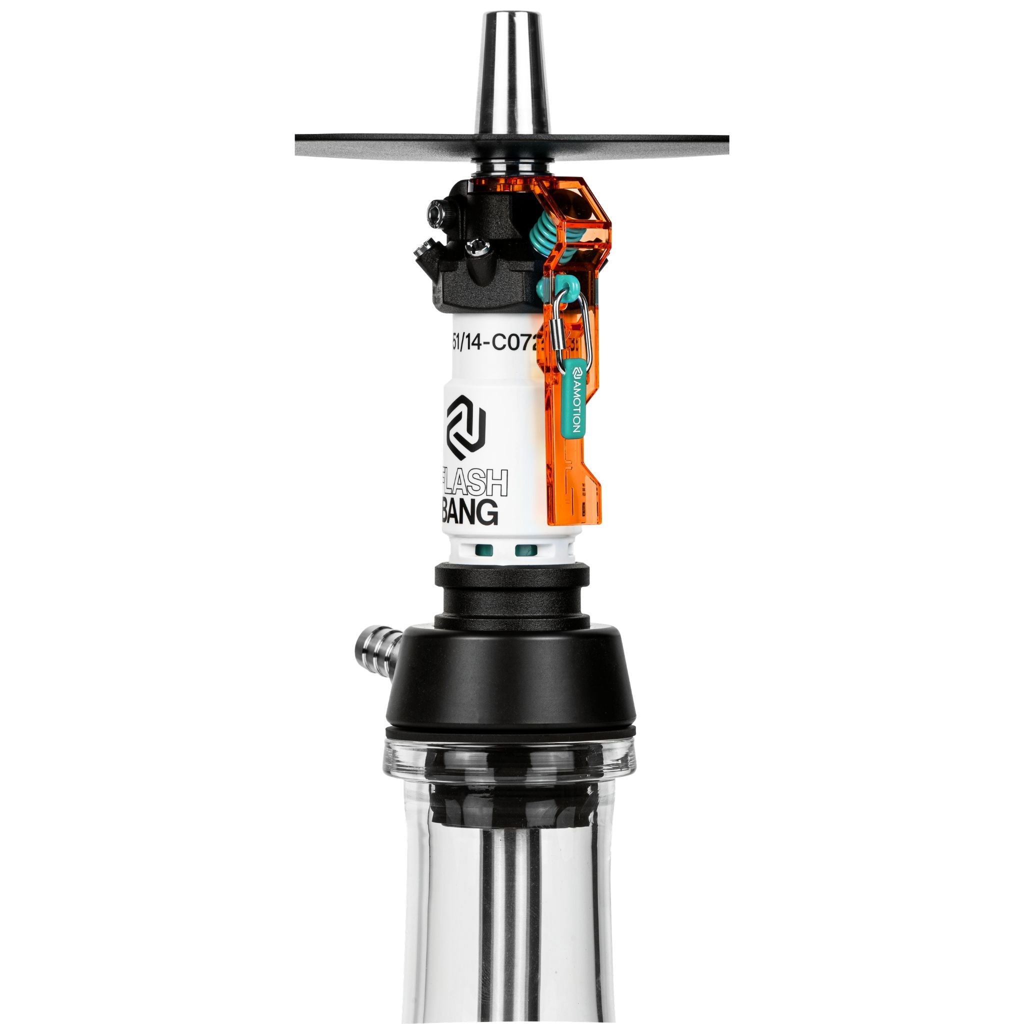 Side detail of Amotion Flash Bang Pumpkin shisha central column with Flash Bang logo, burnt-orange safety lever and stainless steel hose connection