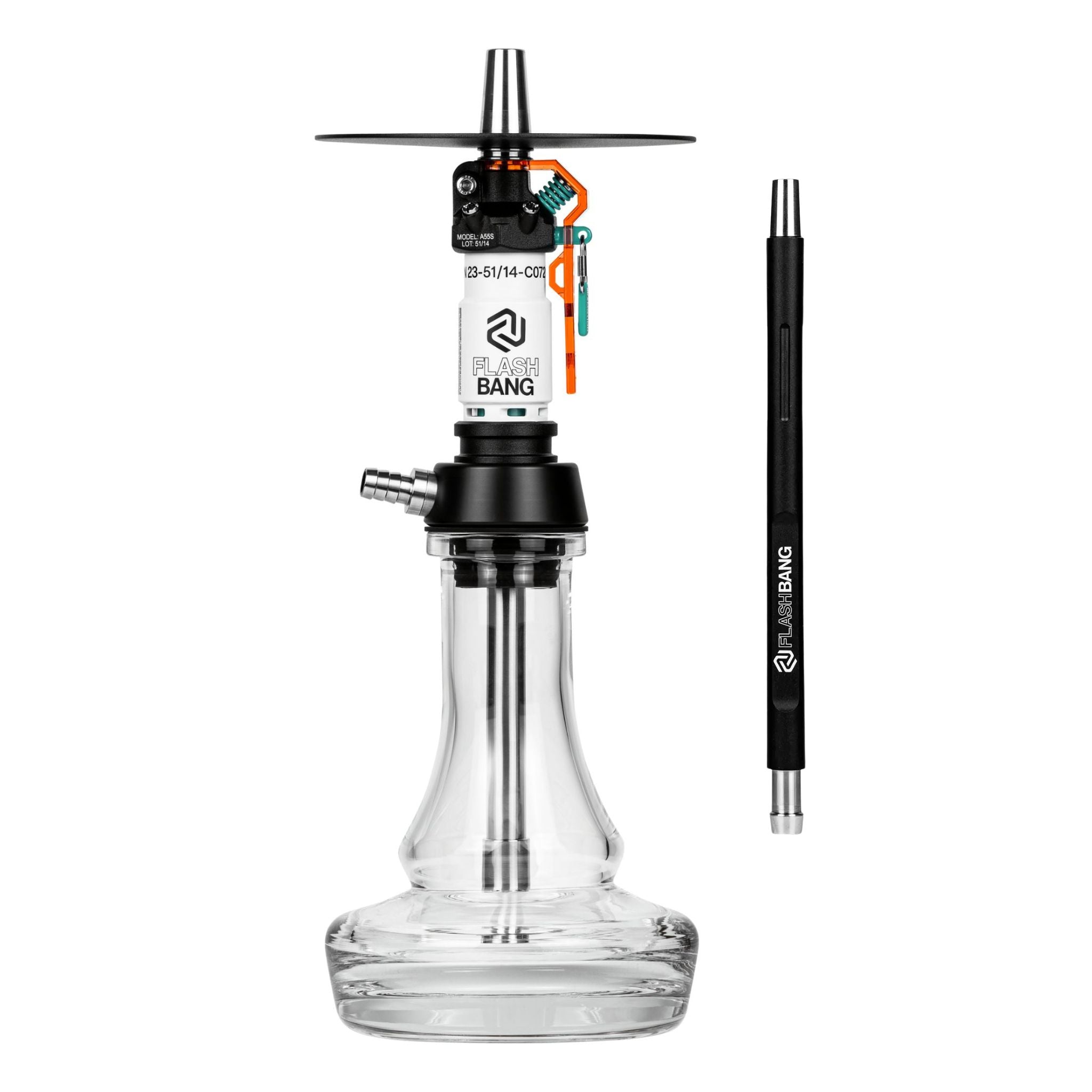 Amotion Flash Bang Pumpkin shisha in burnt-orange with clear glass base, black charcoal plate and matching Flash Bang mouthpiece from The Premium Way
