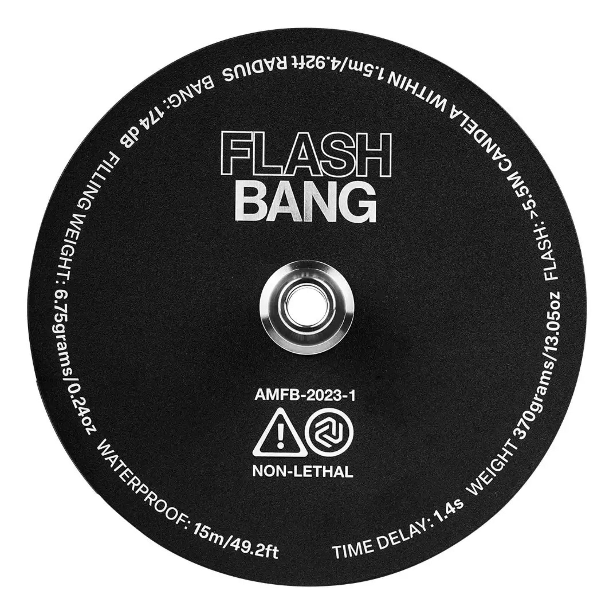 Amotion Flash Bang Slate charcoal plate top — black stainless plate printed with Flash Bang branding and grenade-style specs