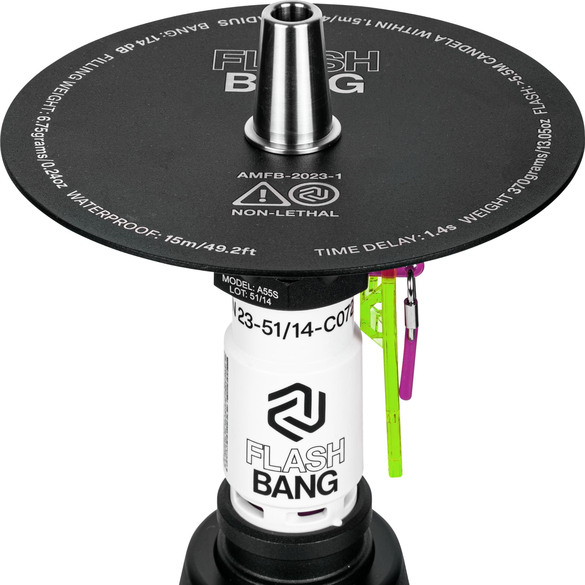 Top view of Amotion Flash Bang Toxic shisha black charcoal plate showing Flash Bang branding and printed spec markings