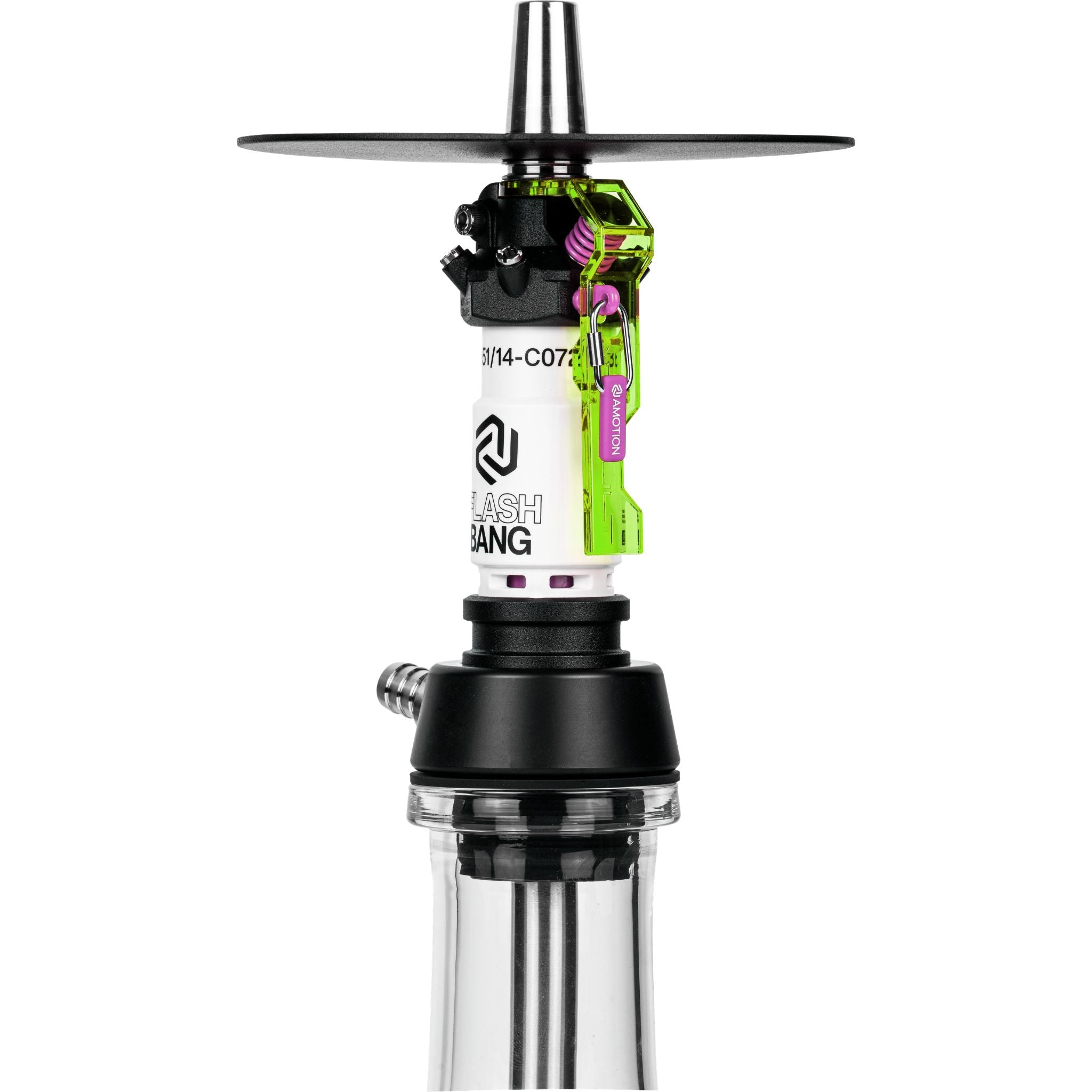 Side detail of Amotion Flash Bang Toxic shisha central column with Flash Bang logo, acid-green safety lever and stainless steel hose connection