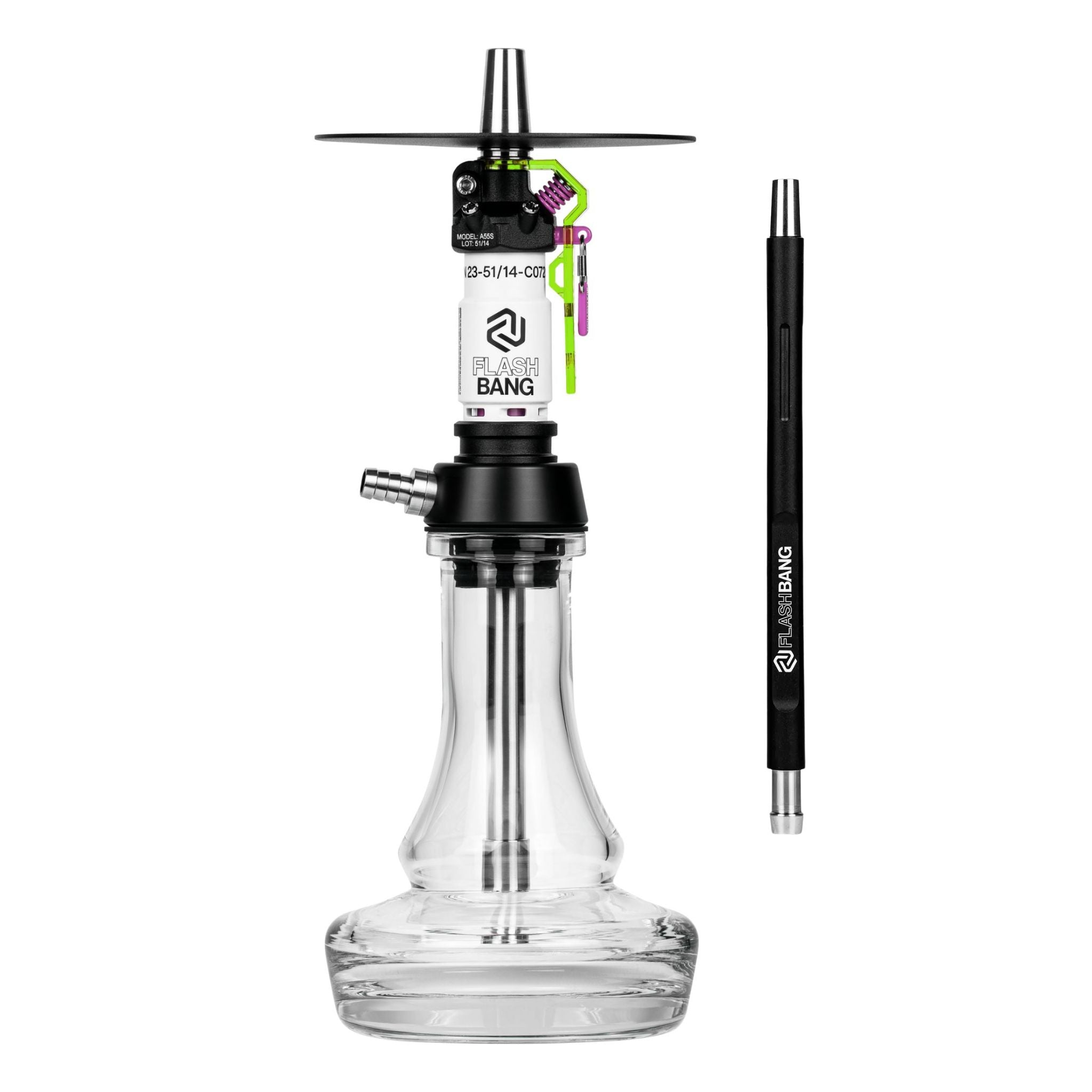 Amotion Flash Bang Toxic shisha in neon acid-green with clear glass base, black charcoal plate and matching Flash Bang mouthpiece from The Premium Way