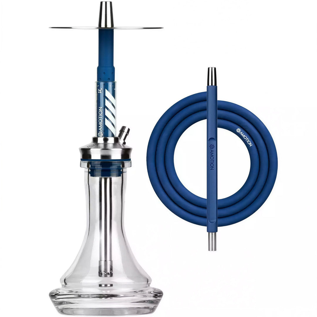 Amotion FUTR Cobalt shisha complete set — deep cobalt-blue silicone hose, coordinated mouthpiece, 45 mm plug-in glass base