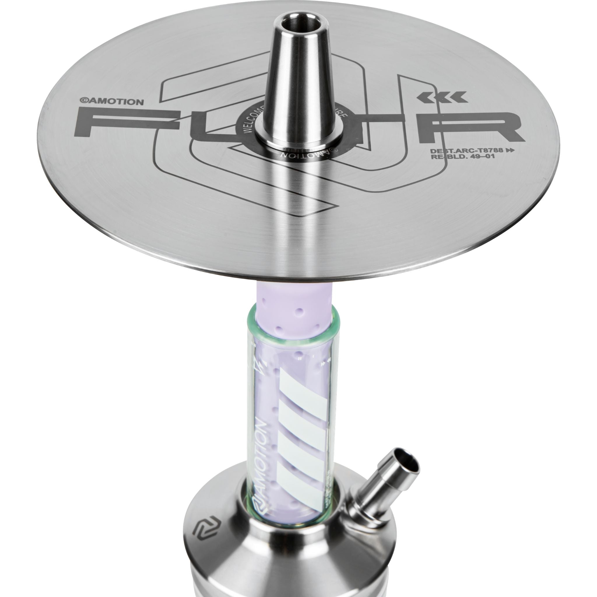 Amotion FUTR Mauve charcoal plate top — brushed stainless plate engraved with FUTR branding and Amotion design codes