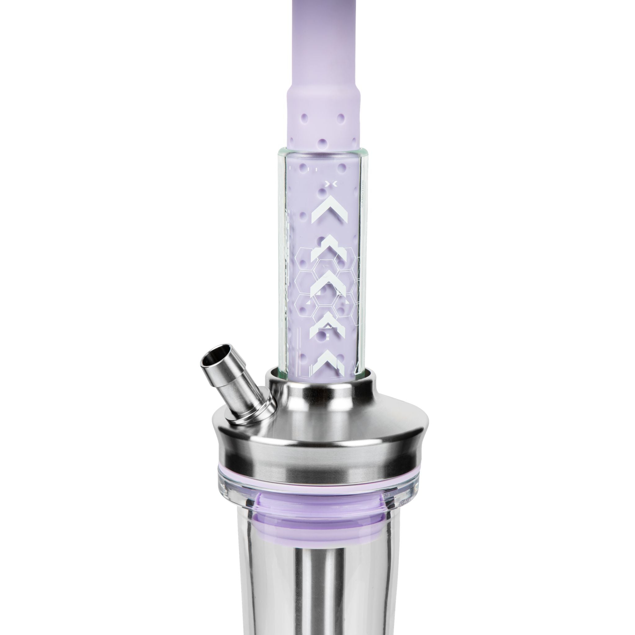 Amotion FUTR Mauve column close-up — chevron and honeycomb graphic etched into the dusty-purple glass column above the stainless hose port
