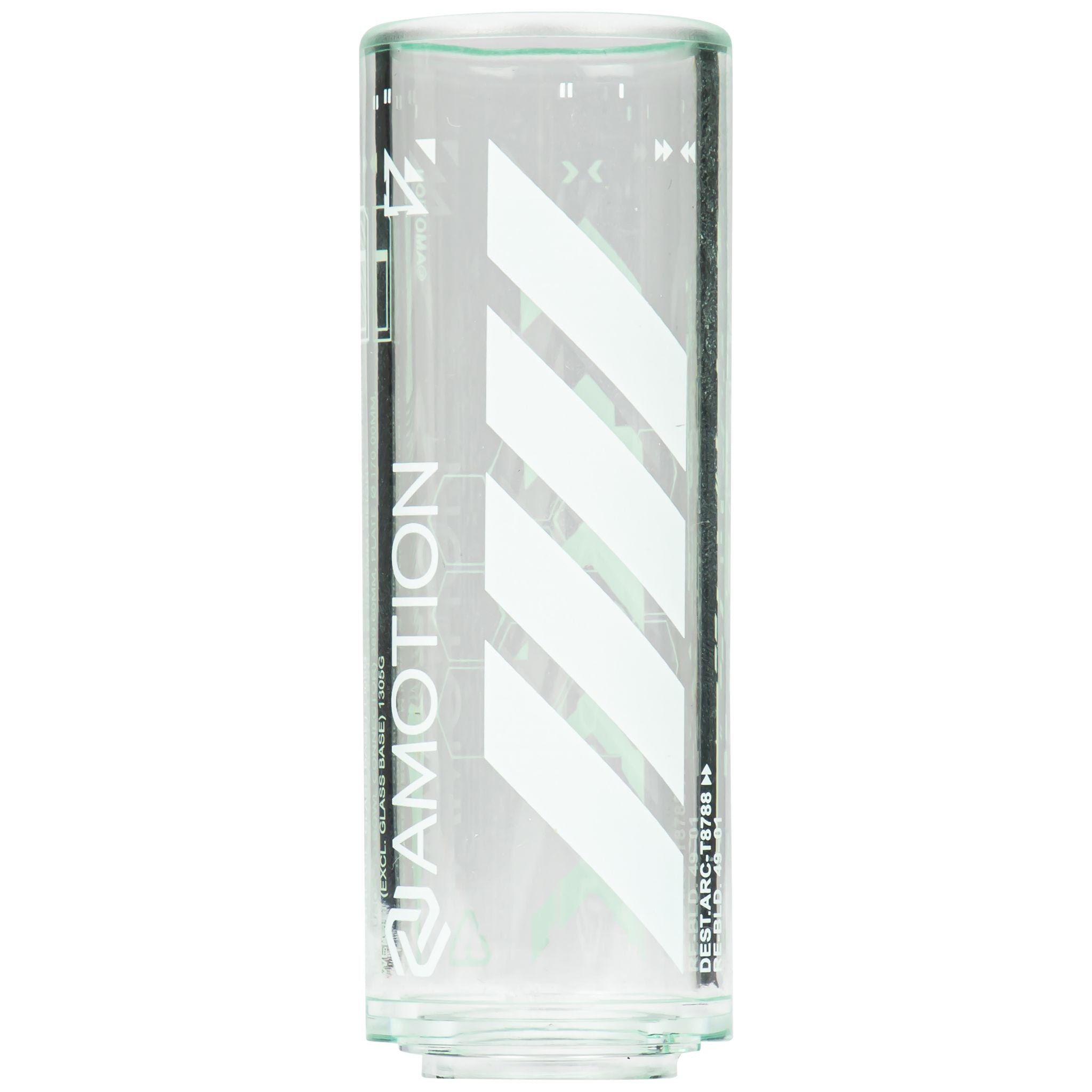 Amotion FUTR Midnight clear glass column reverse view — vertical Amotion wordmark and diagonal chevron stripe graphic