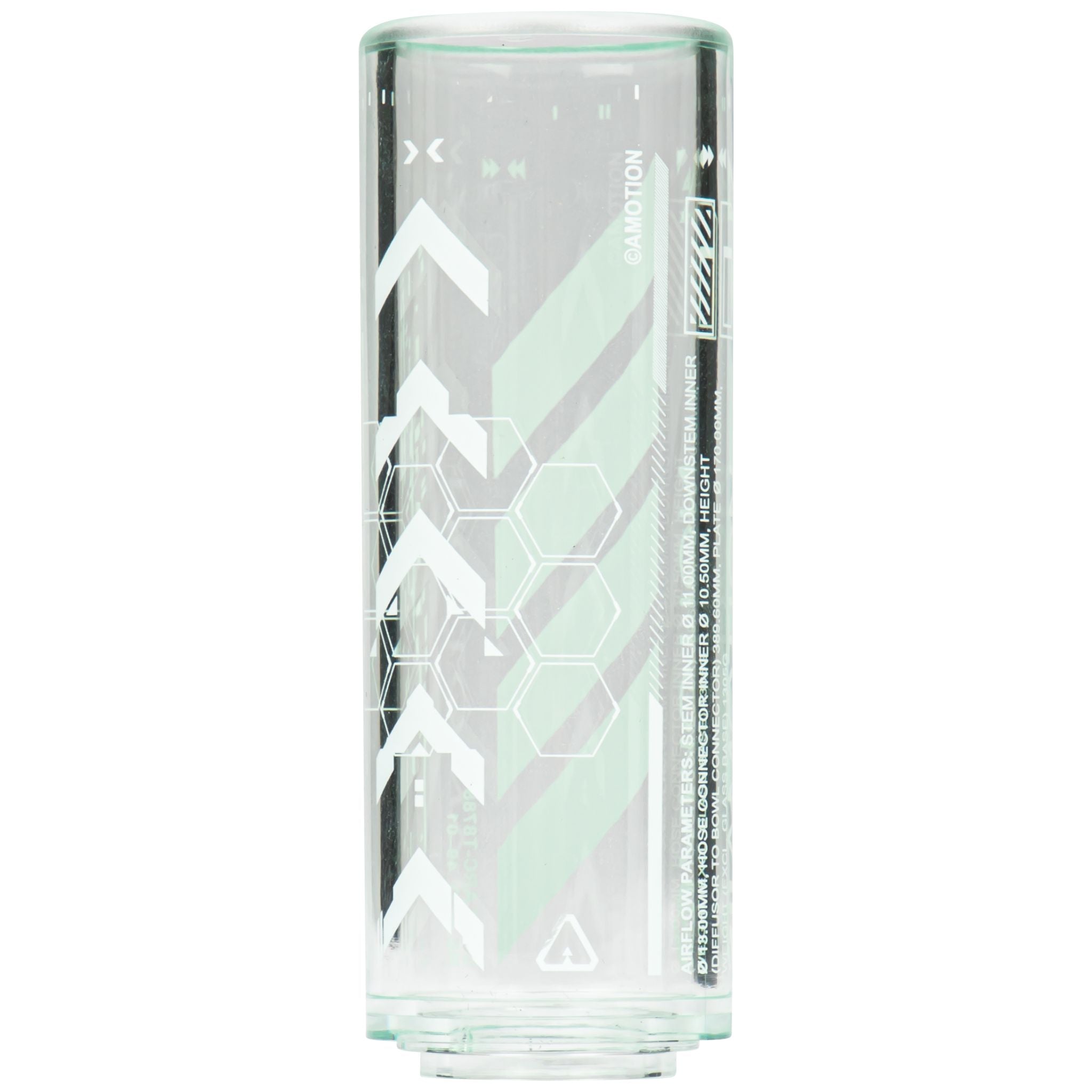 Amotion FUTR Midnight clear glass column close-up — chevron, honeycomb and arrow graphic etched with airflow spec callouts