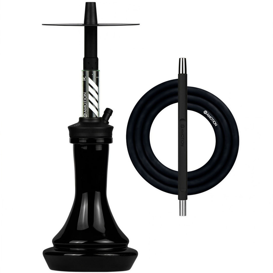 Amotion FUTR Midnight shisha complete set — matte-black silicone hose, coordinated mouthpiece, gloss-black glass base