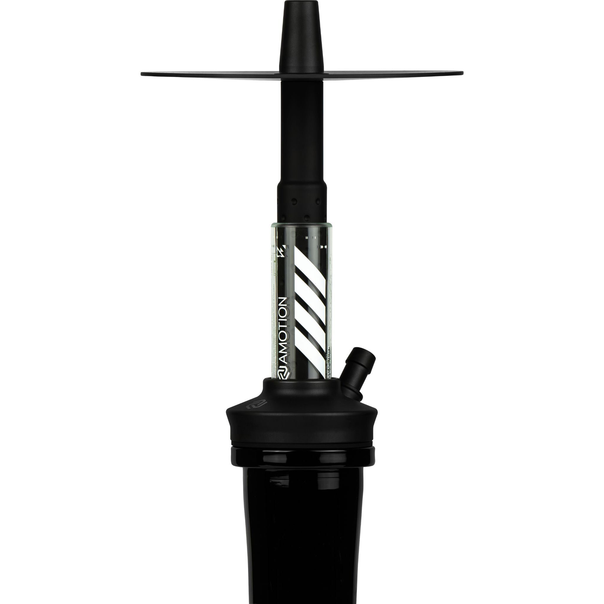 Amotion FUTR Midnight upper section close-up — chevron-graphic clear glass column above matte-black base and stainless hose port