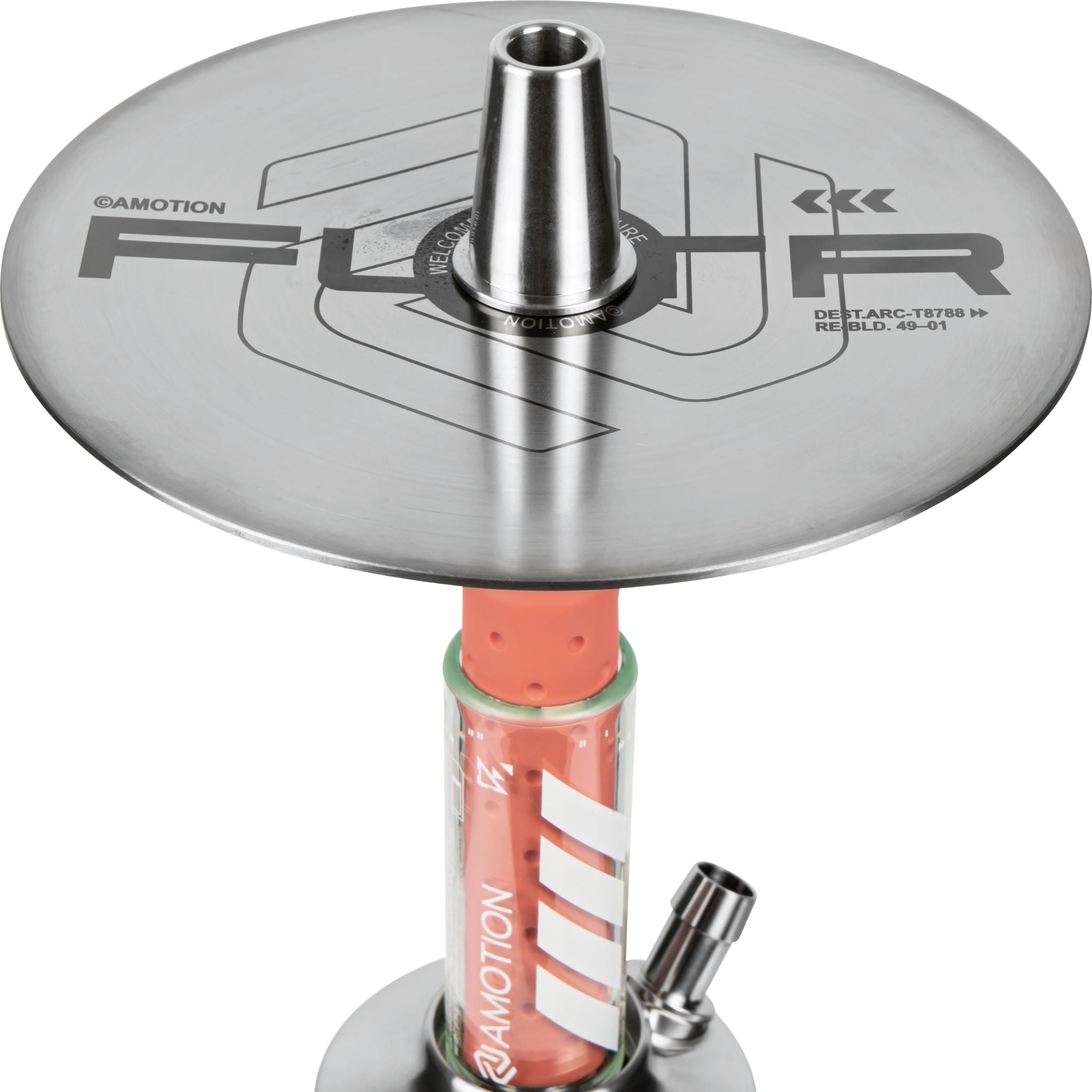 Amotion FUTR Rouge charcoal plate top — brushed stainless plate engraved with FUTR branding and design codes above the red glass column