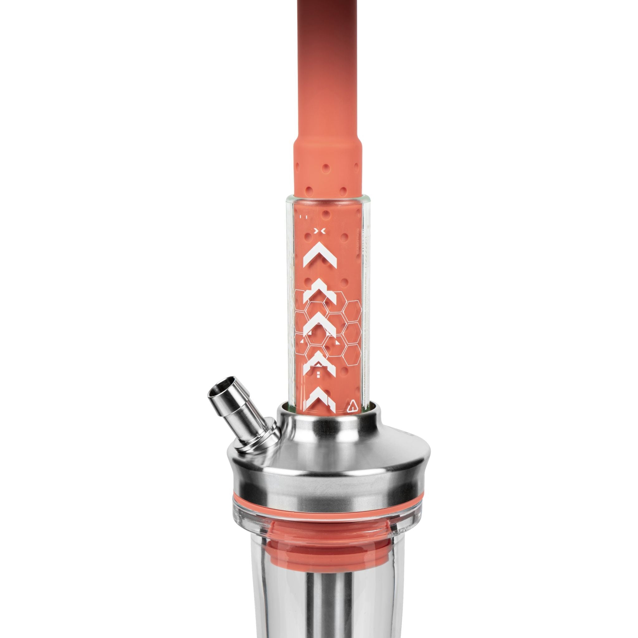 Amotion FUTR Rouge column close-up — chevron and honeycomb graphic etched into the red glass column above the stainless hose port