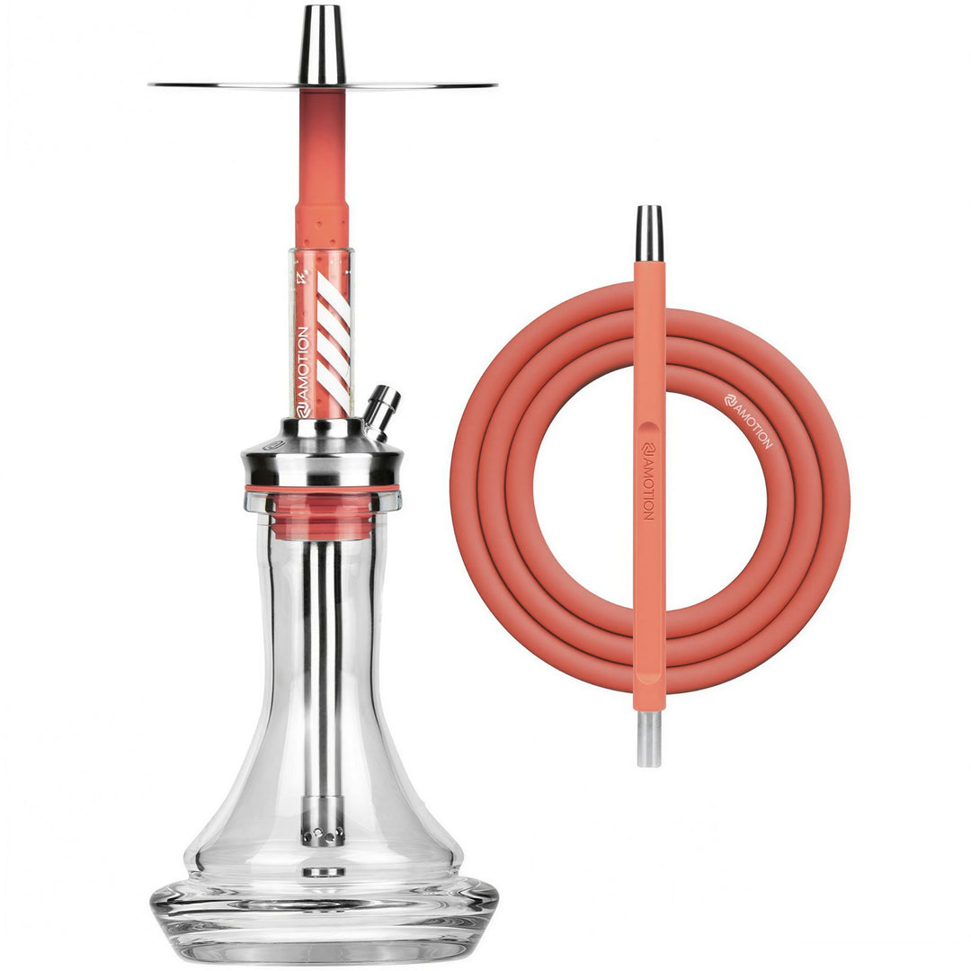 Amotion FUTR Rouge shisha complete set — red FUTR body with stainless tray and clear 45 mm plug-in glass base, shown with the coordinated coral-red silicone hose