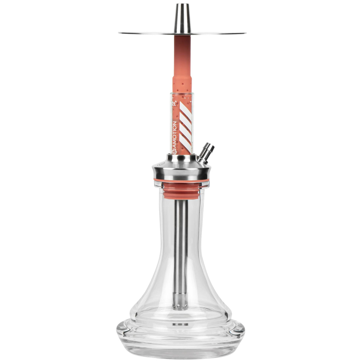 Amotion FUTR Rouge shisha front view — translucent red glass column with diagonal Amotion graphic, stainless plate and clear plug-in glass base, image 2 of 6