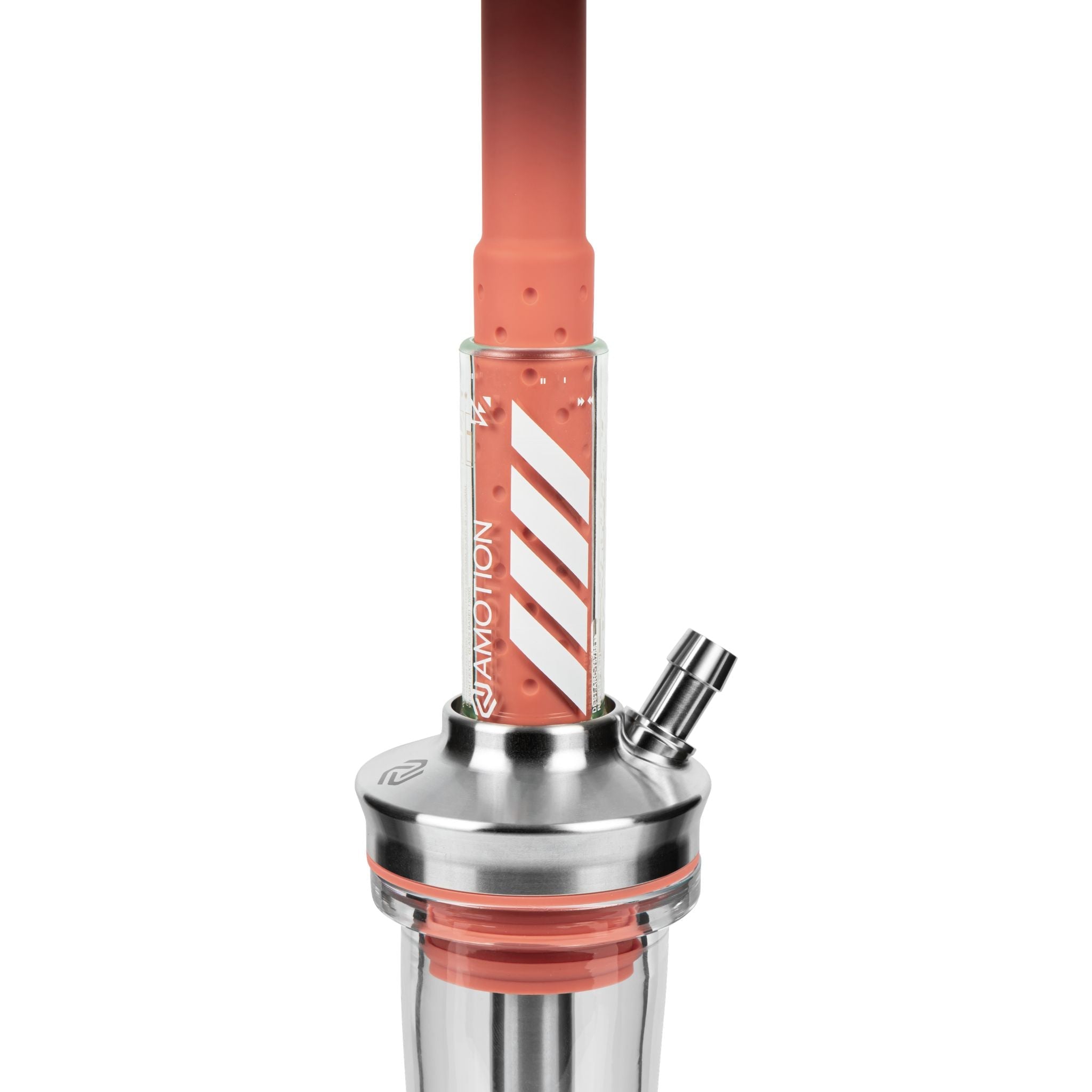 Amotion FUTR Rouge upper section — red glass column with diagonal Amotion stripe graphic and stainless steel hose port