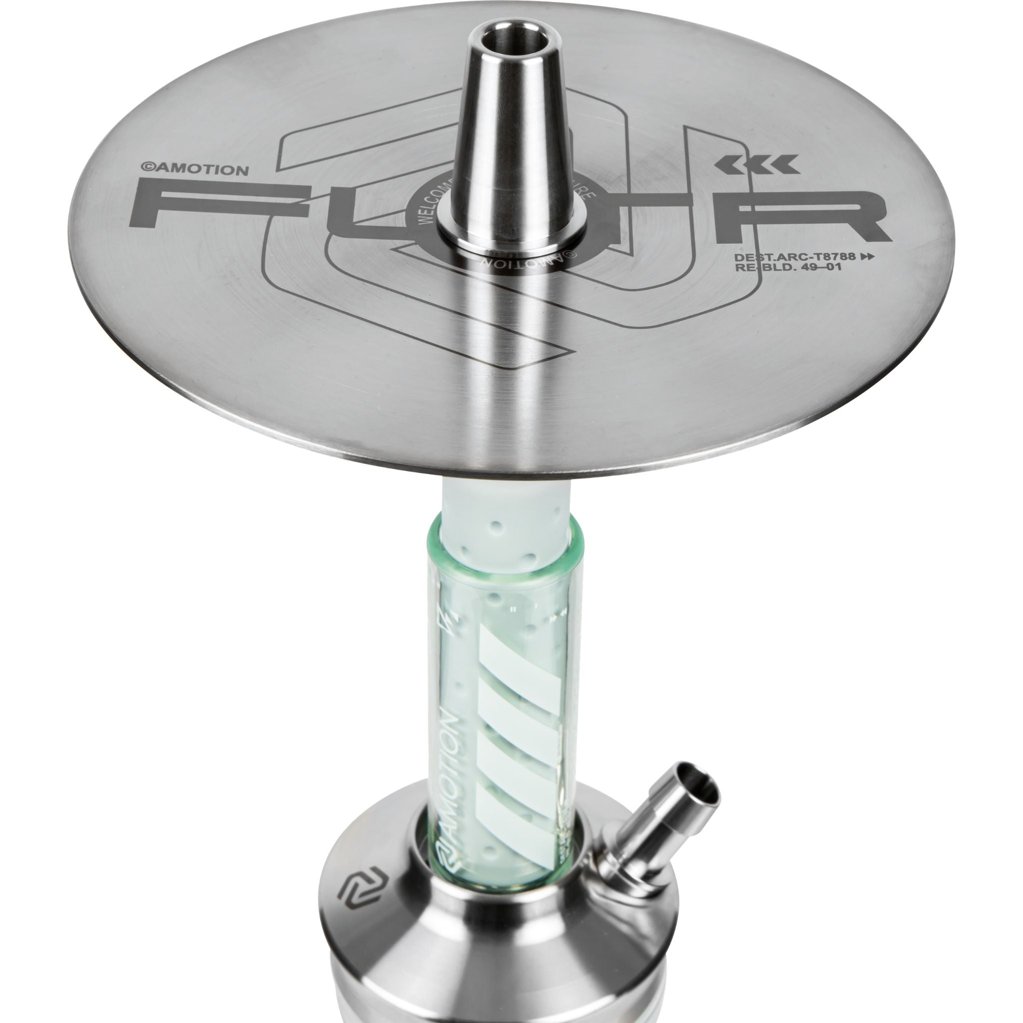 Amotion FUTR Sky charcoal plate top — brushed stainless plate engraved with FUTR branding and Amotion design codes