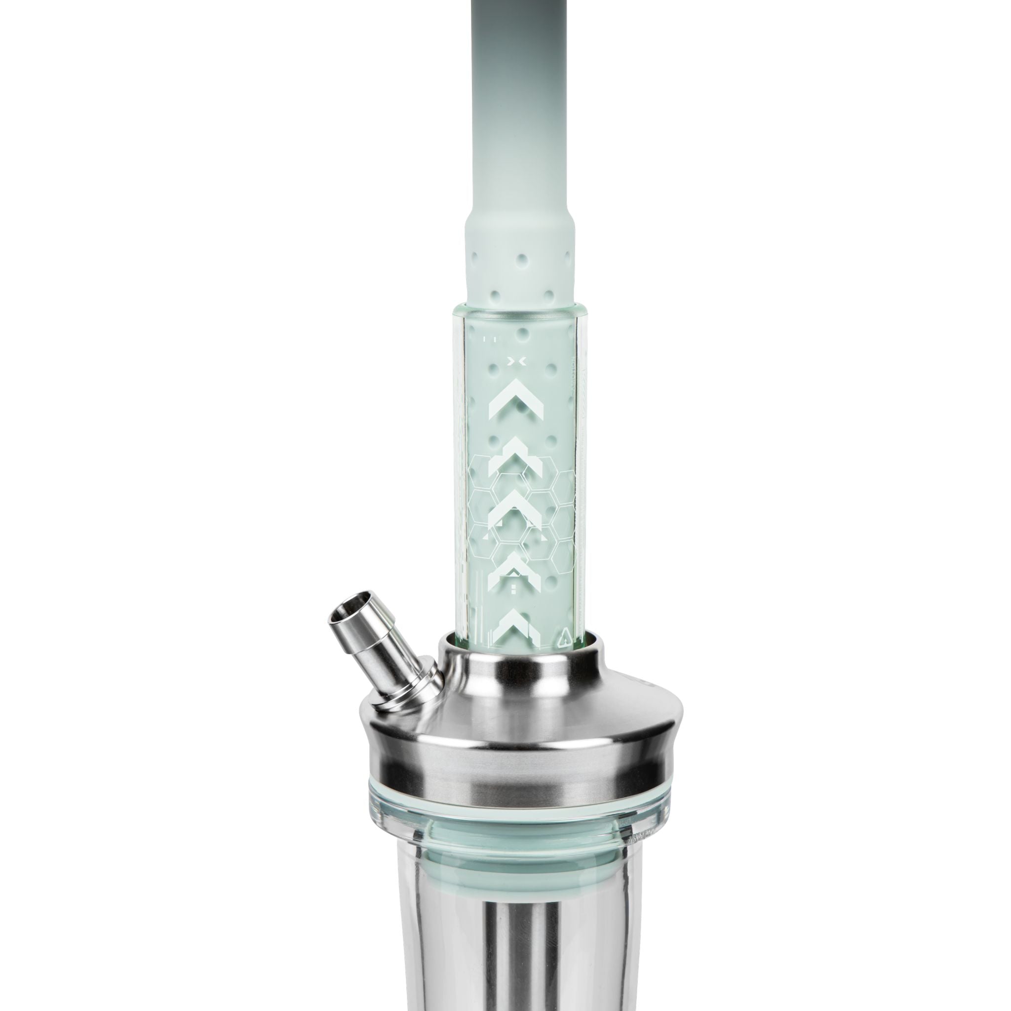 Amotion FUTR Sky column close-up — chevron and honeycomb graphic etched into the pale-blue glass column above the stainless hose port