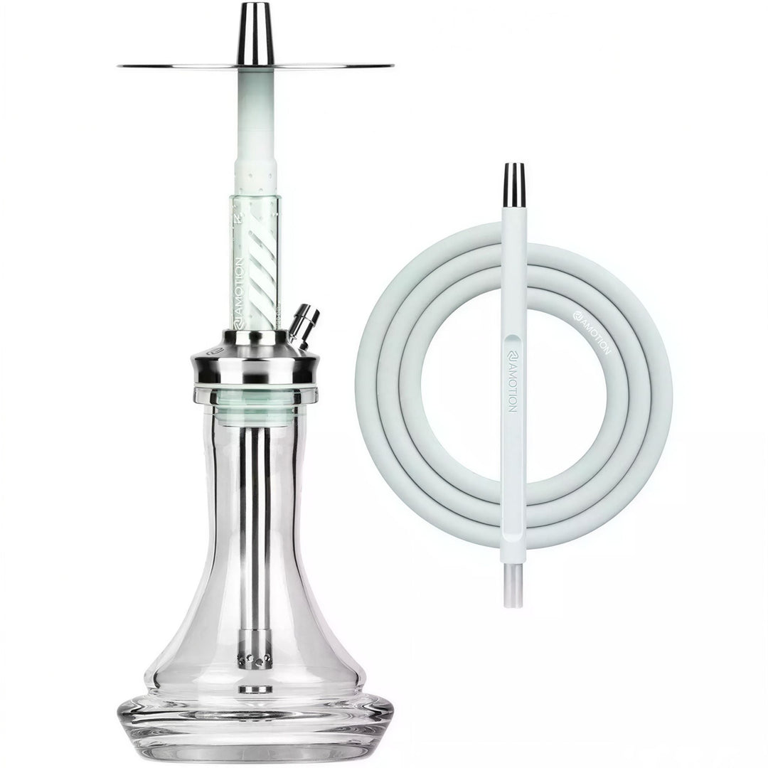 Amotion FUTR Sky shisha complete set — pale-blue silicone hose, coordinated mouthpiece, 45 mm plug-in glass base