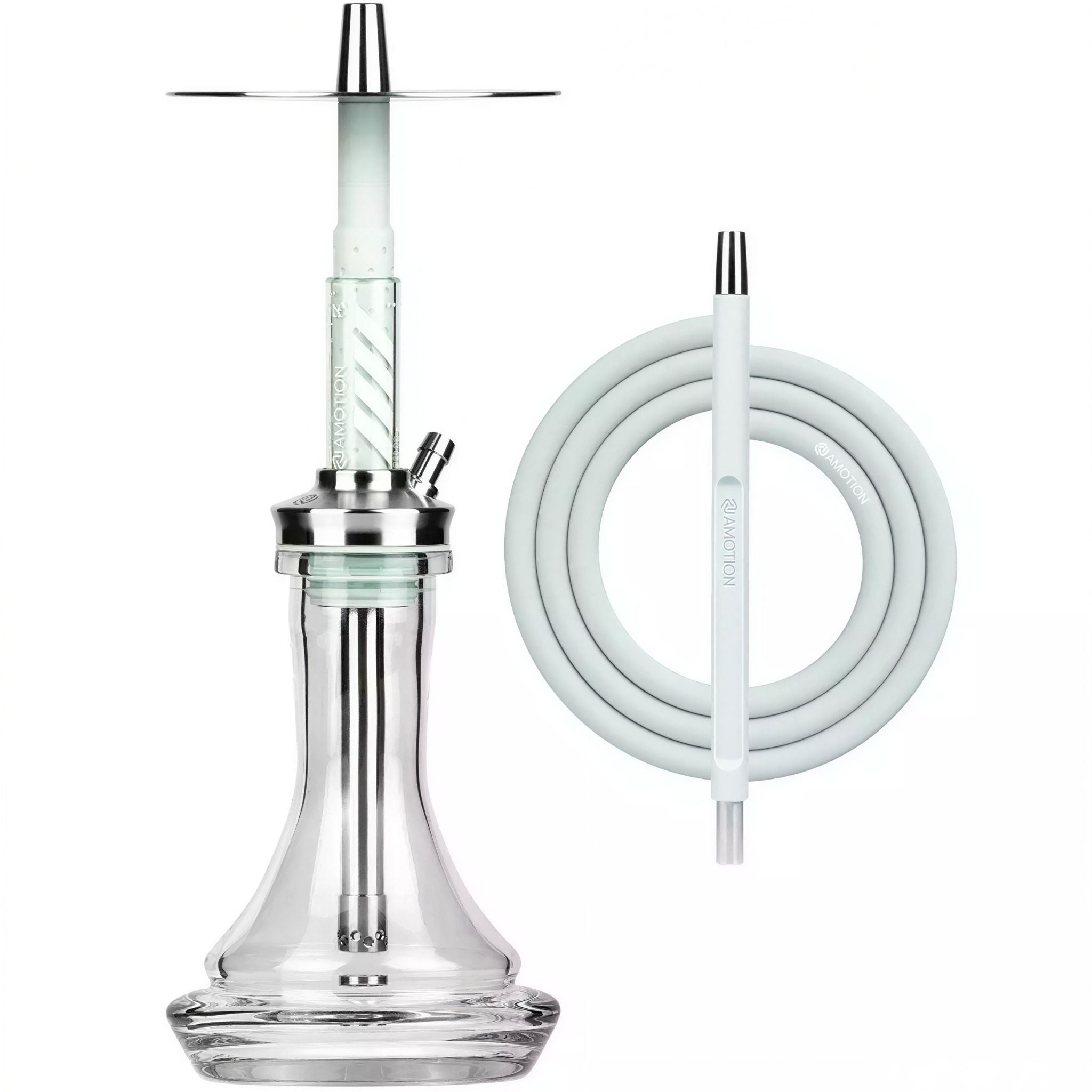 Amotion FUTR Sky shisha complete set — pale-blue silicone hose, coordinated mouthpiece, 45 mm plug-in glass base, from The Premium Way