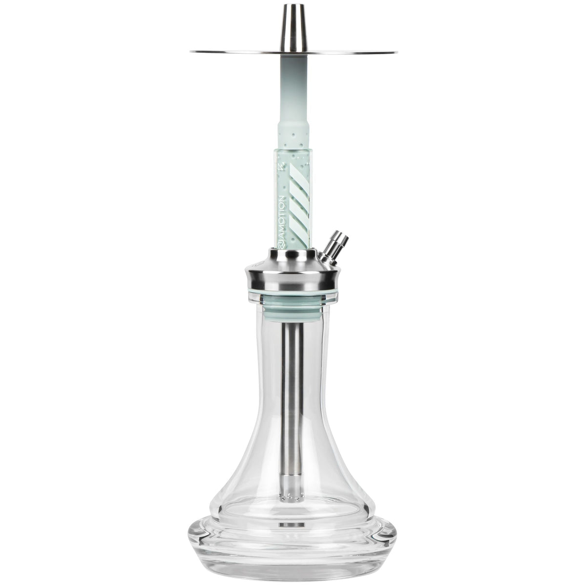 Amotion FUTR Sky shisha front view — translucent pale-blue glass column with chevron graphic, stainless plate and clear plug-in base, image 2 of 6
