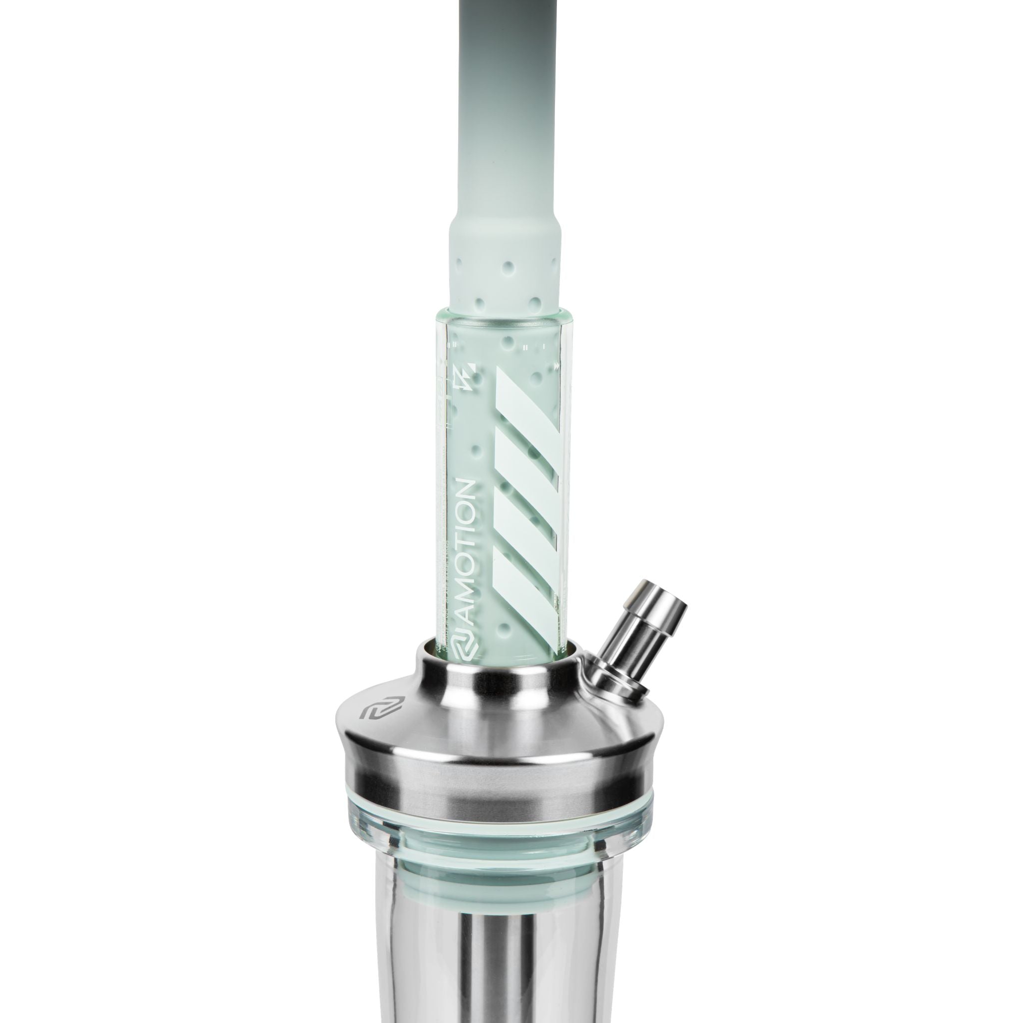Amotion FUTR Sky upper section — pale-blue glass column with diagonal Amotion graphic and stainless hose port