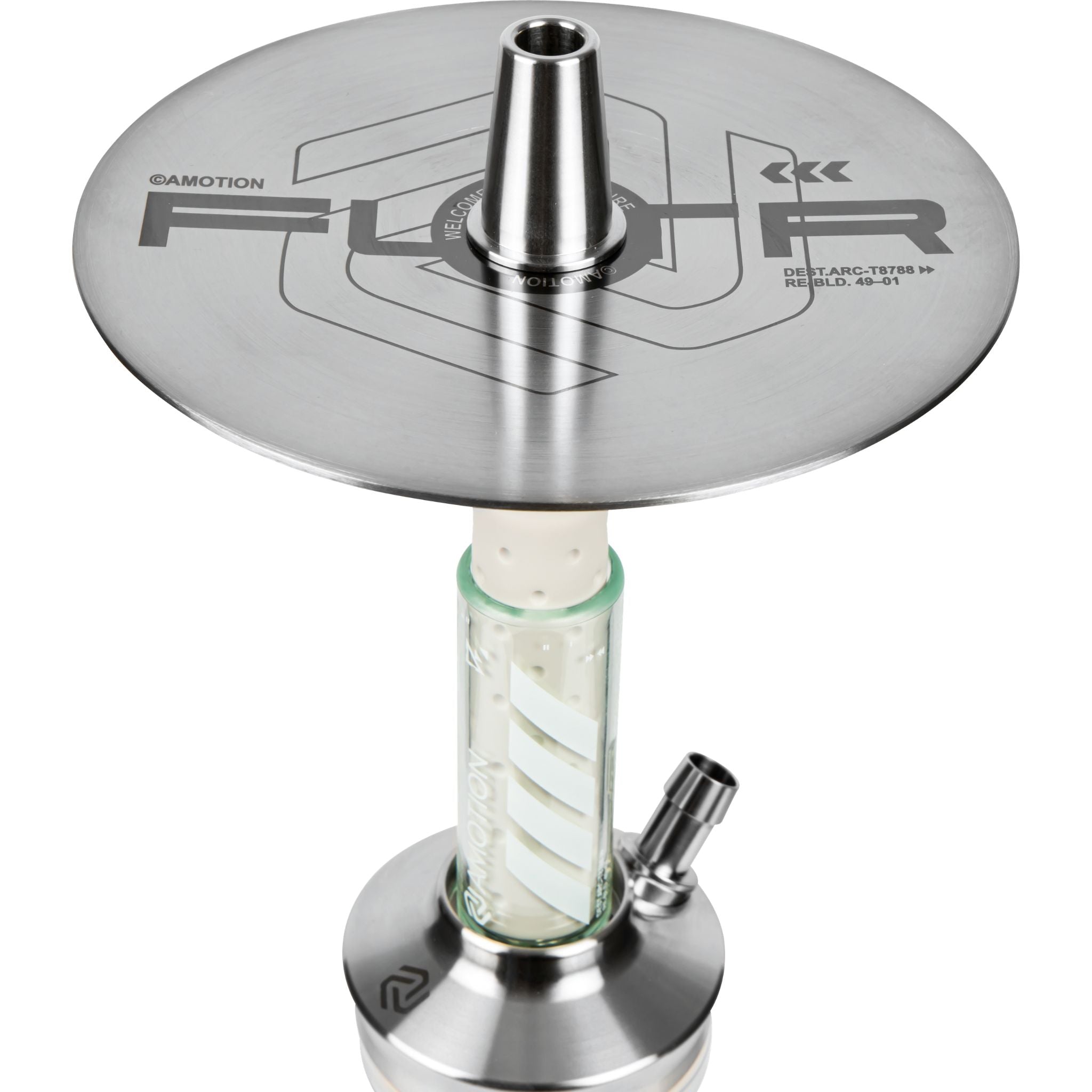 Amotion FUTR Stone charcoal plate top — brushed stainless plate engraved with FUTR branding and Amotion design codes