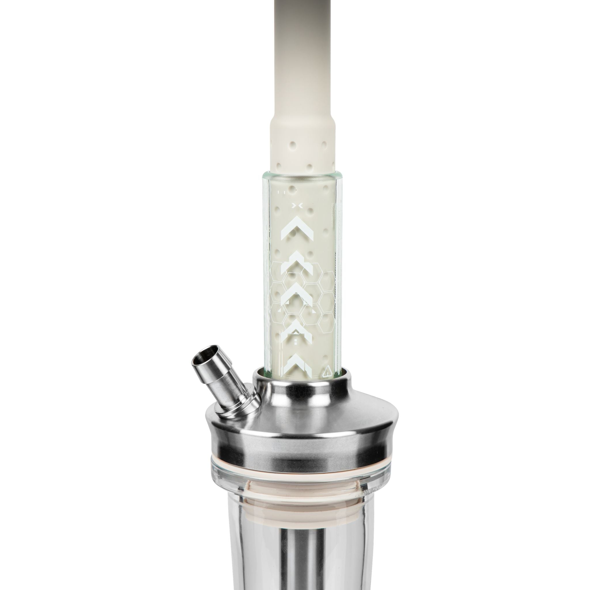 Amotion FUTR Stone column close-up — chevron and honeycomb graphic etched into the stone-grey glass column above the stainless hose port