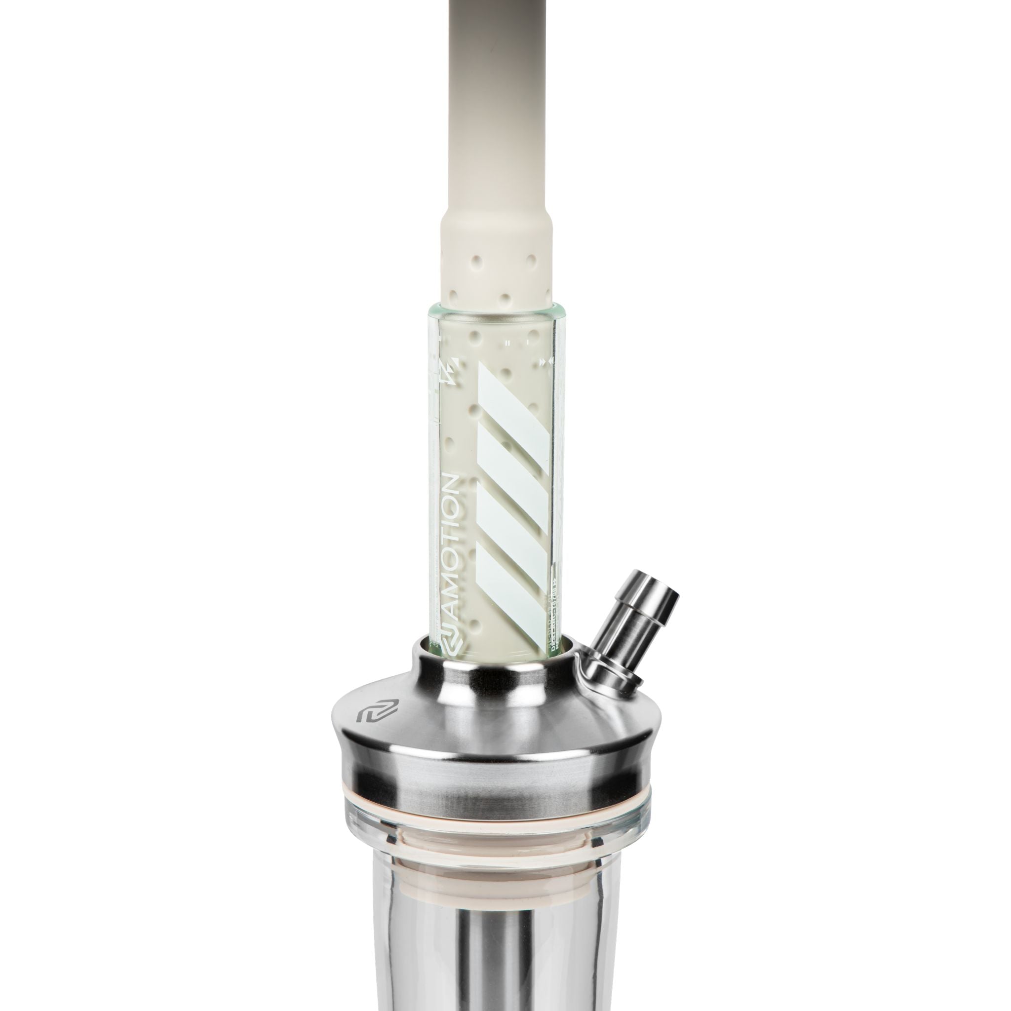 Amotion FUTR Stone upper section — stone-grey glass column with diagonal Amotion graphic and stainless hose port