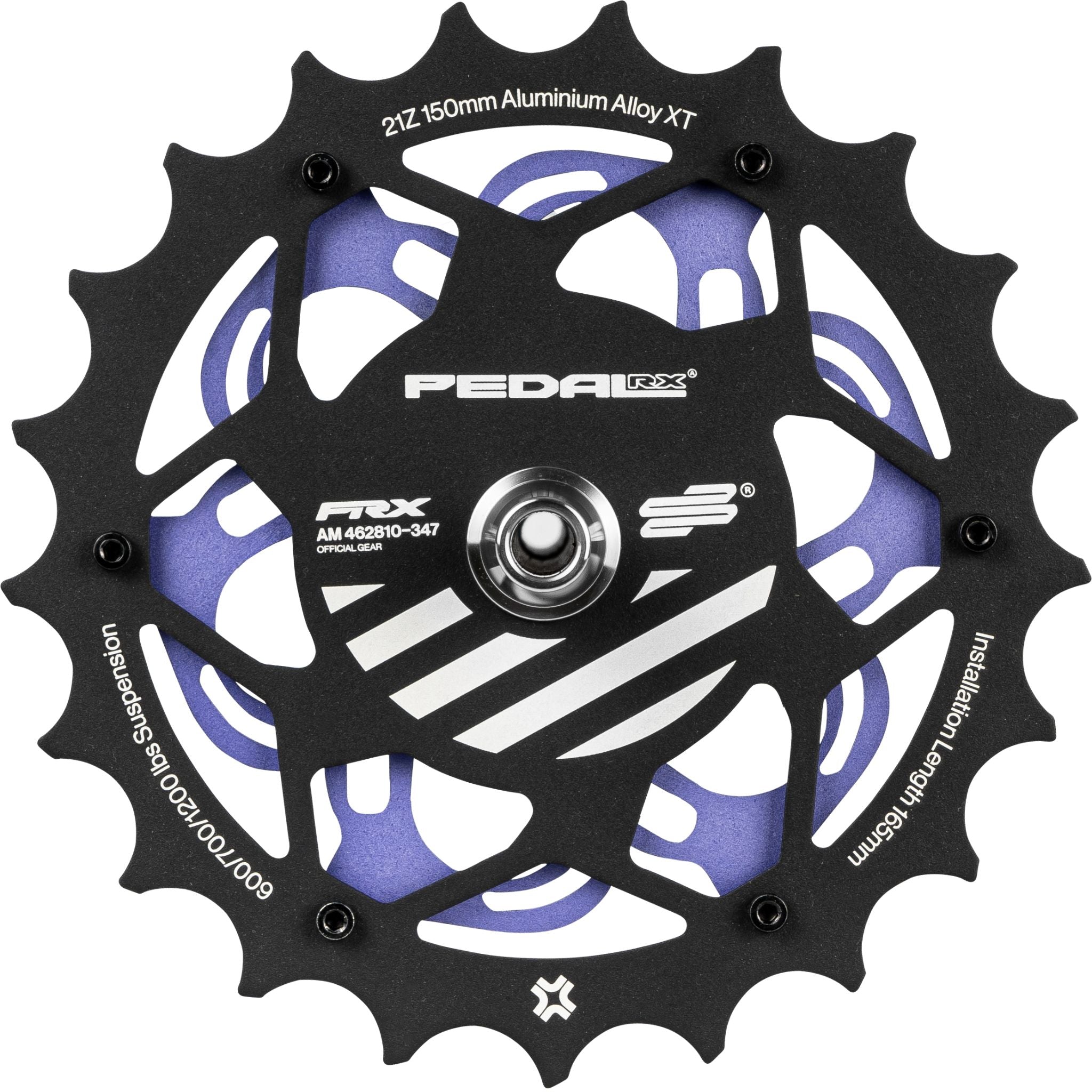 Amotion Pedal RX Grape charcoal plate top — black aluminium chainring with purple highlights and Pedal RX cycling-spec engraving