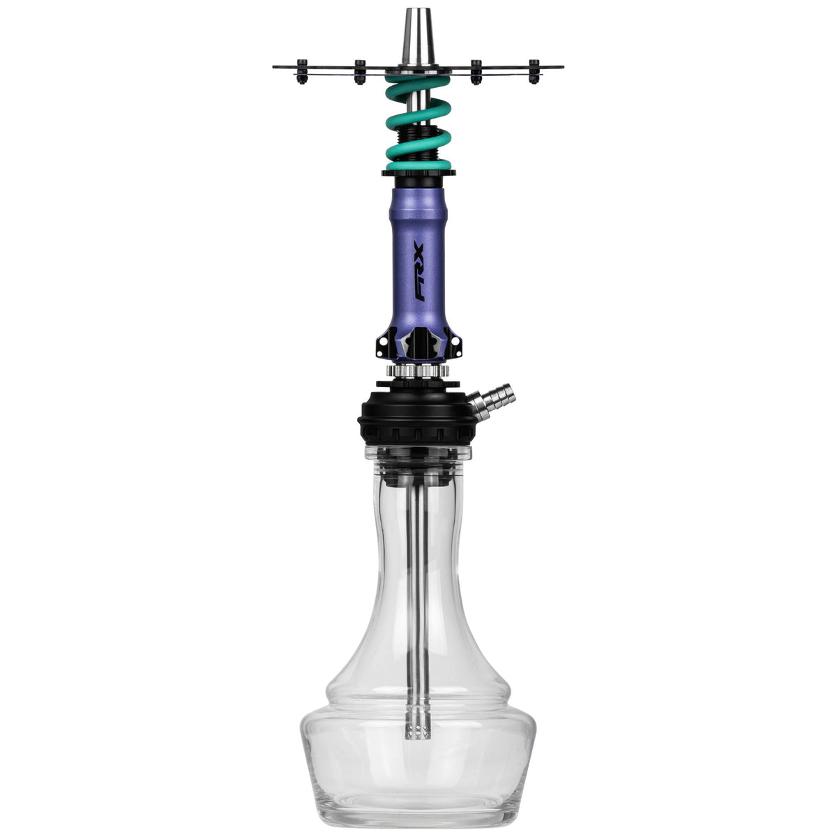 Amotion Pedal RX Grape shisha front view — bike-inspired purple sleeve, teal shock spring, chainring plate and clear plug-in glass base, image 2 of 7