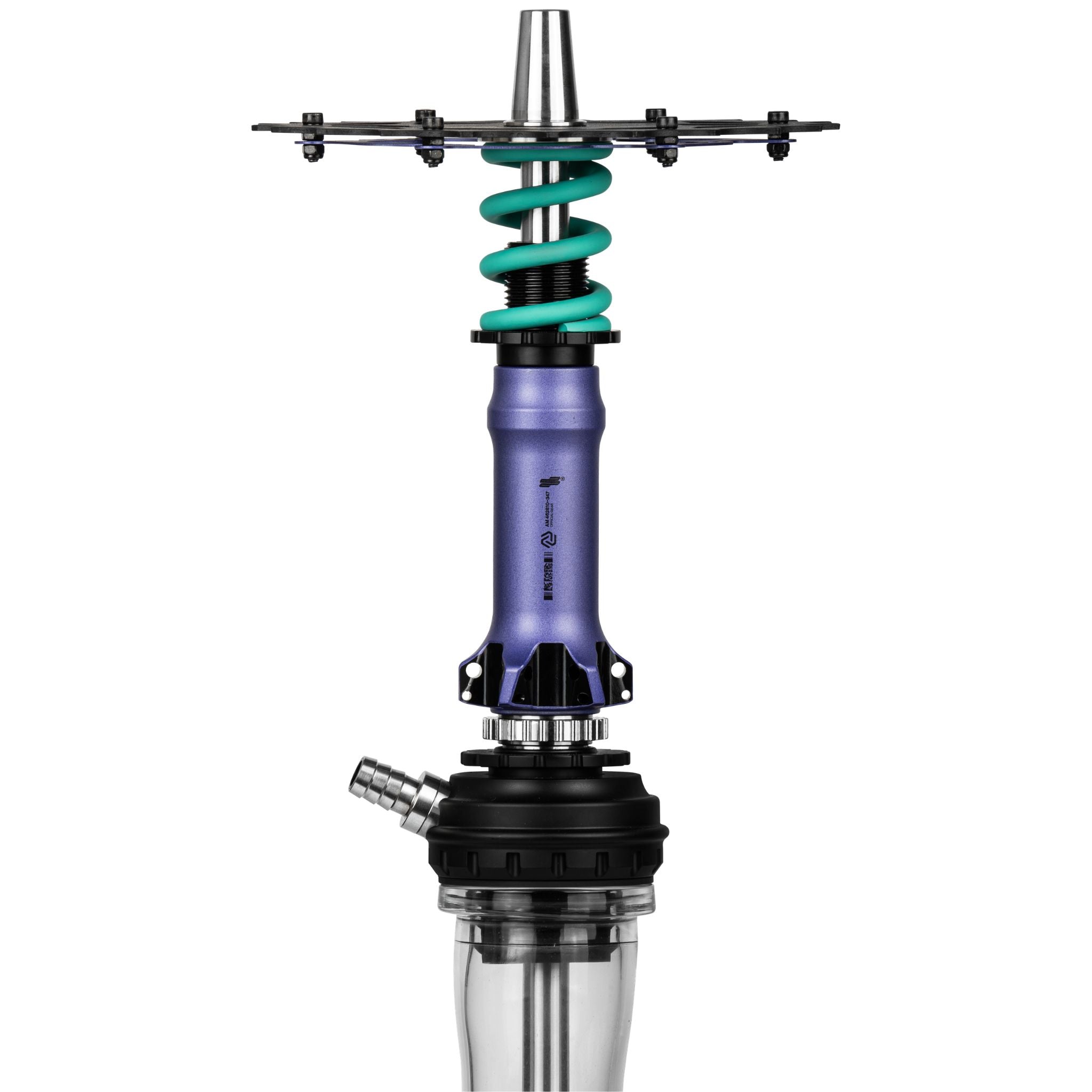 Amotion Pedal RX Grape shock-absorber detail — teal coil spring over the purple anodised sleeve with bike-style mounts