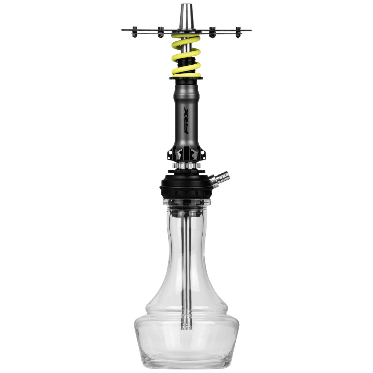 Amotion Pedal RX Slate shisha front view — bike-inspired grey sleeve, yellow shock spring, chainring plate and clear plug-in glass base, image 2 of 6