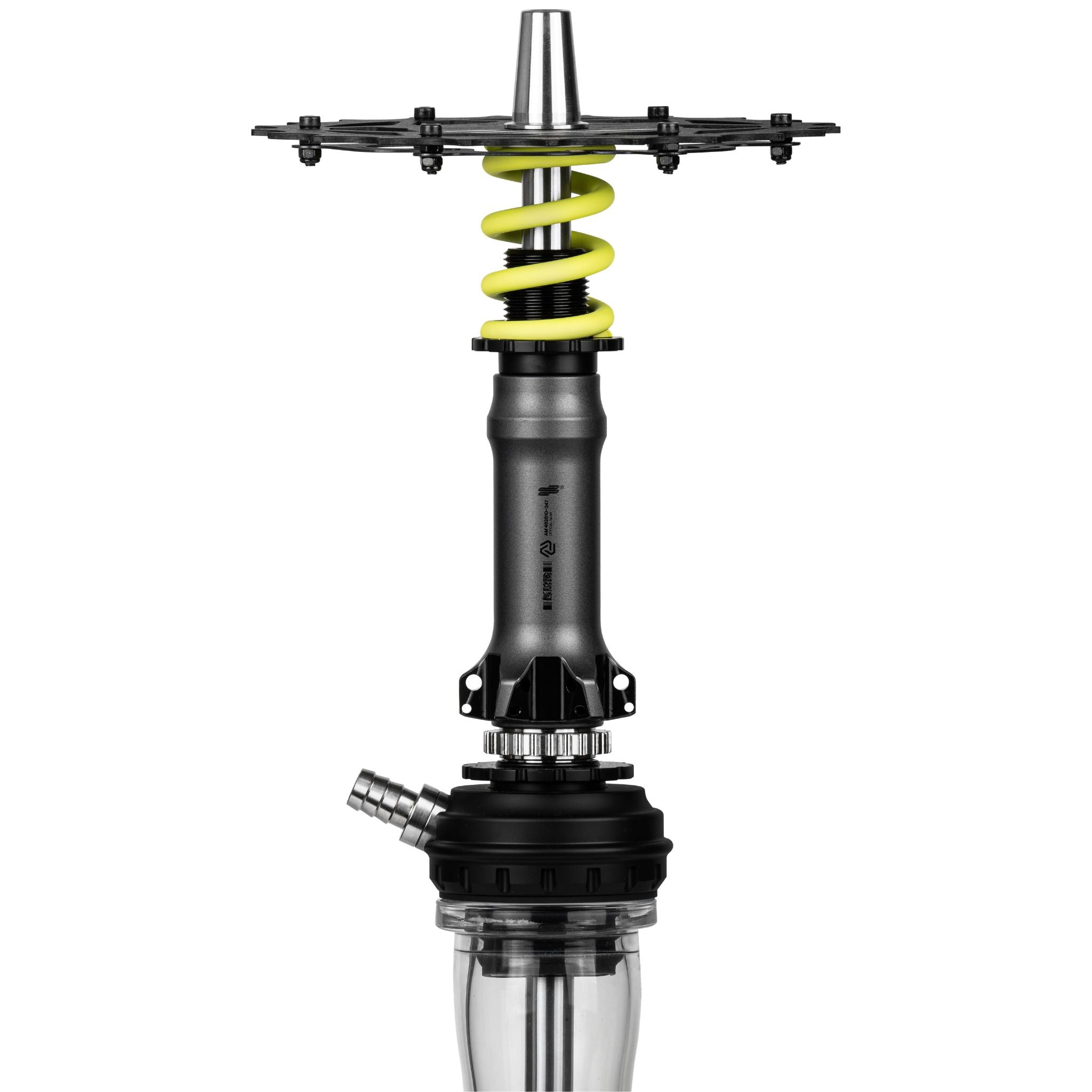 Amotion Pedal RX Slate shock-absorber detail — yellow coil spring over the industrial-grey anodised sleeve with bike-style mounts