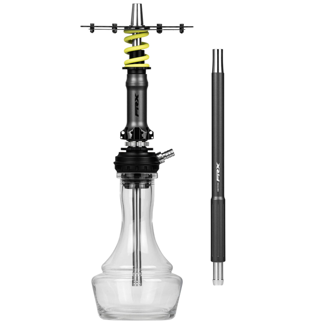 Amotion Pedal RX Slate shisha with included mouthpiece — industrial-grey sleeve, yellow coil spring and chainring plate