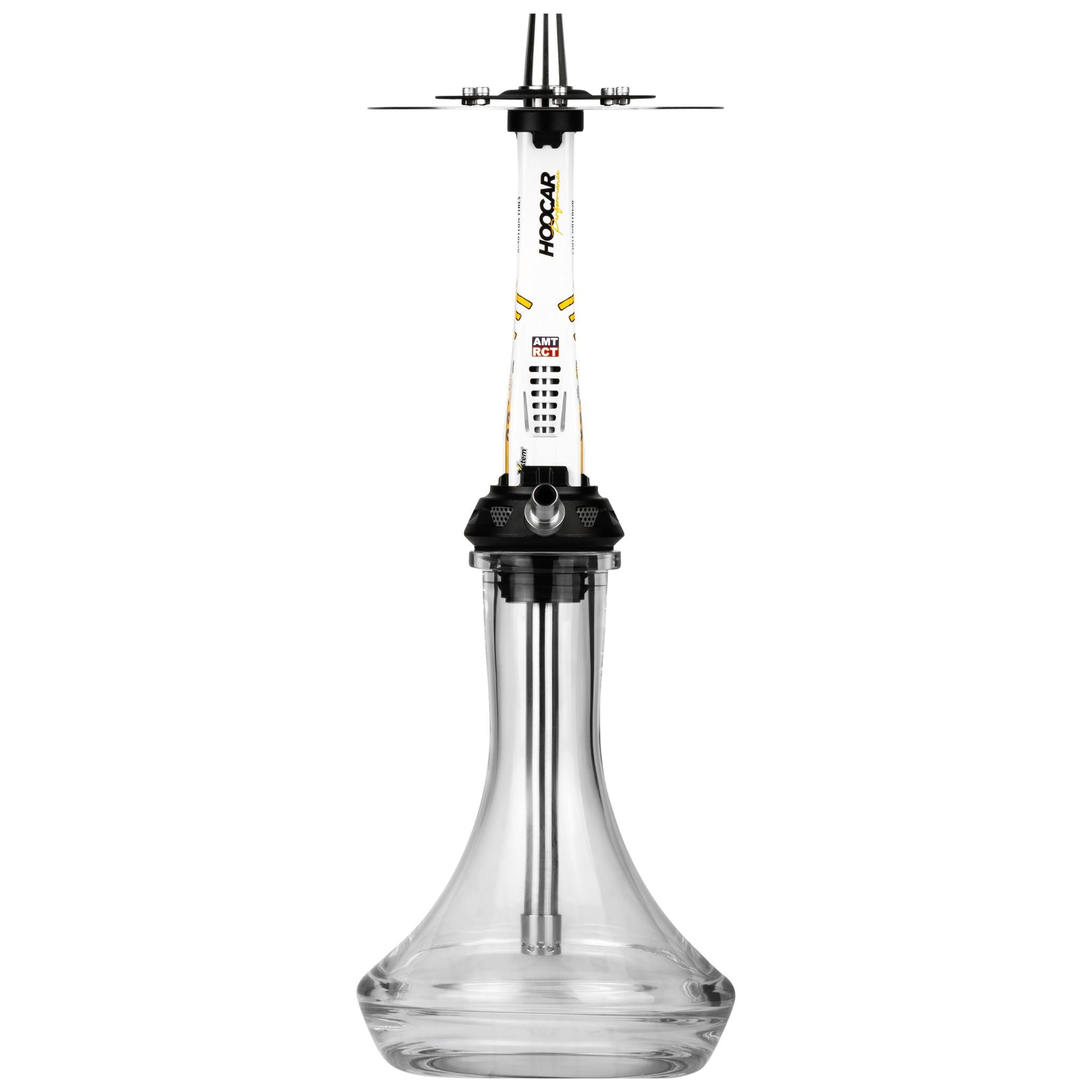 Amotion Valve AM23 shisha with the racing-exhaust blow-off purge vents facing forward, white-and-yellow gloss sleeve and clear glass base