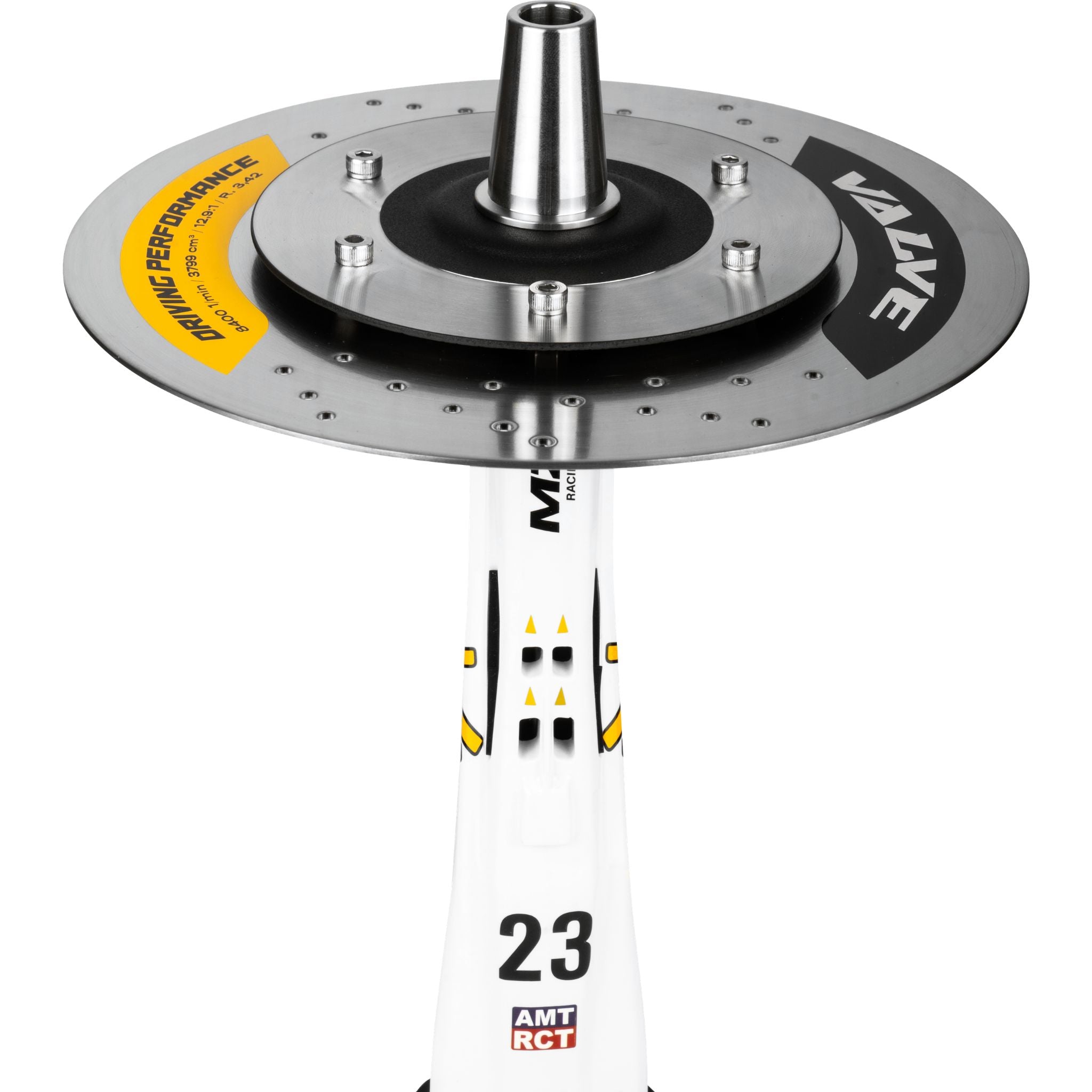 Top view of the Amotion Valve AM23 brake-disc charcoal plate engraved VALVE Driving Performance, with the central bowl-adapter cone
