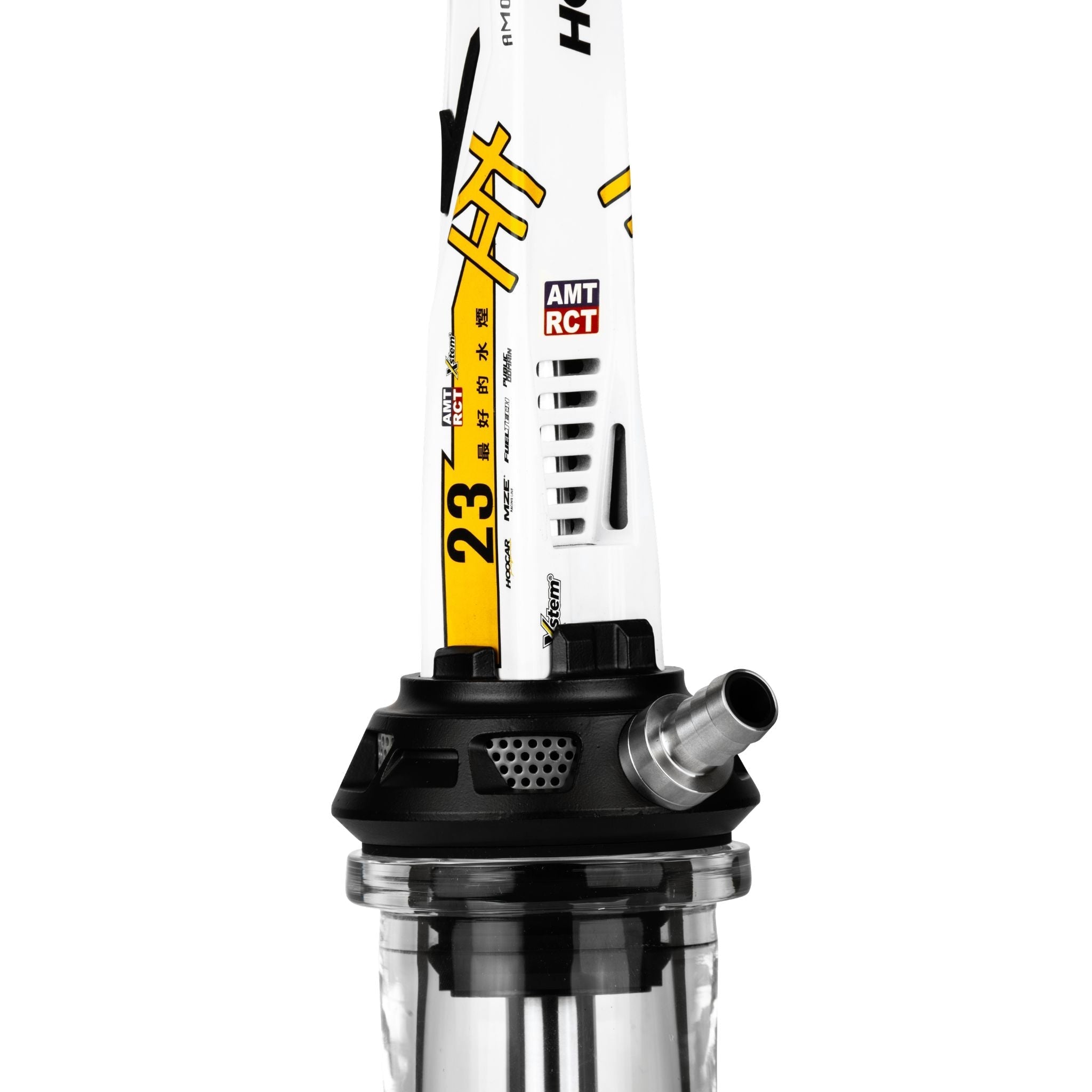 Detail of the Amotion Valve AM23 stainless steel hose connector and purge blow-off vents on the black base above the clear glass base